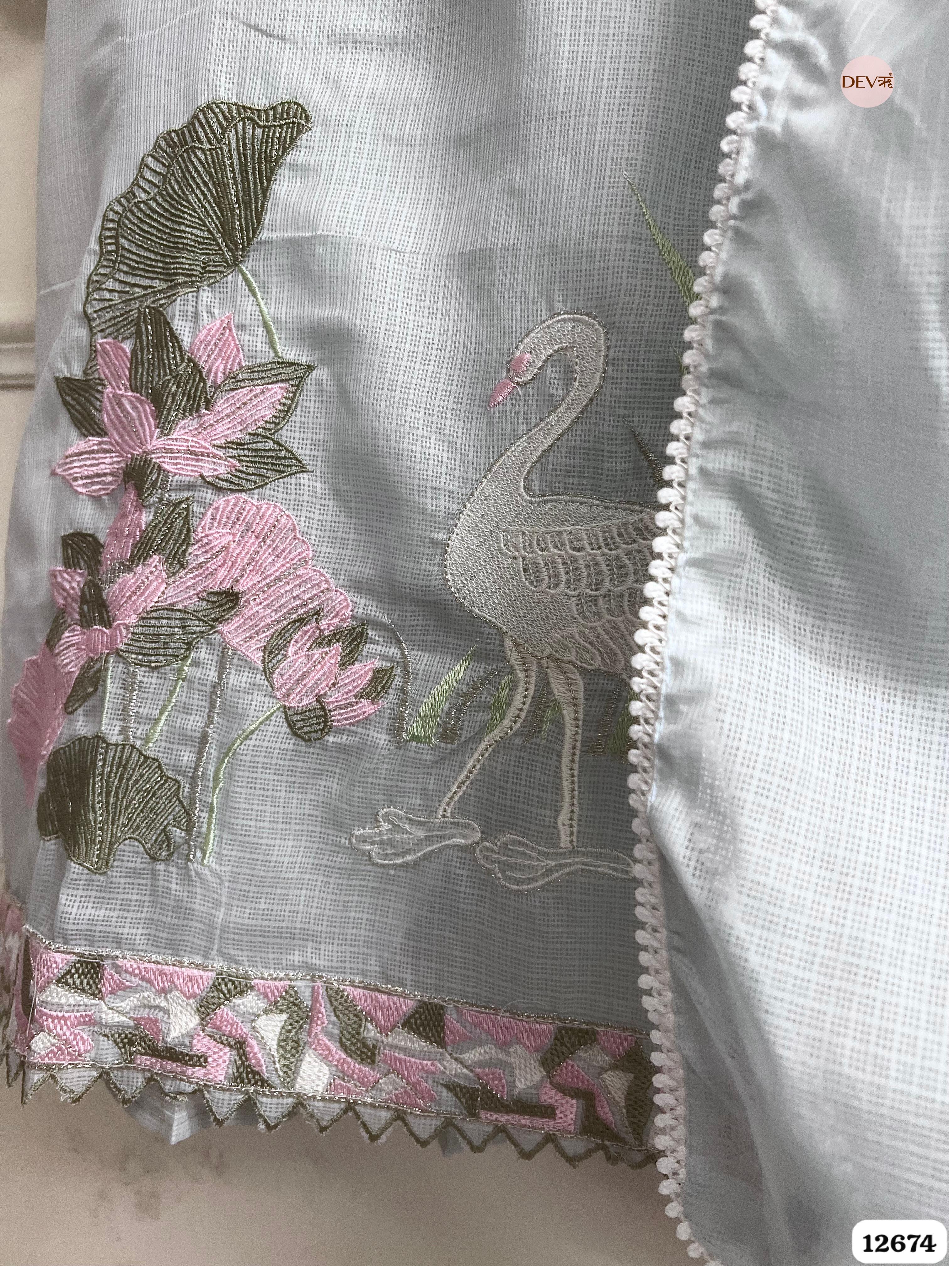 Sky Blue Kota Embroidered Unstitched 3-Piece Suit (Devri – D.No 12674)