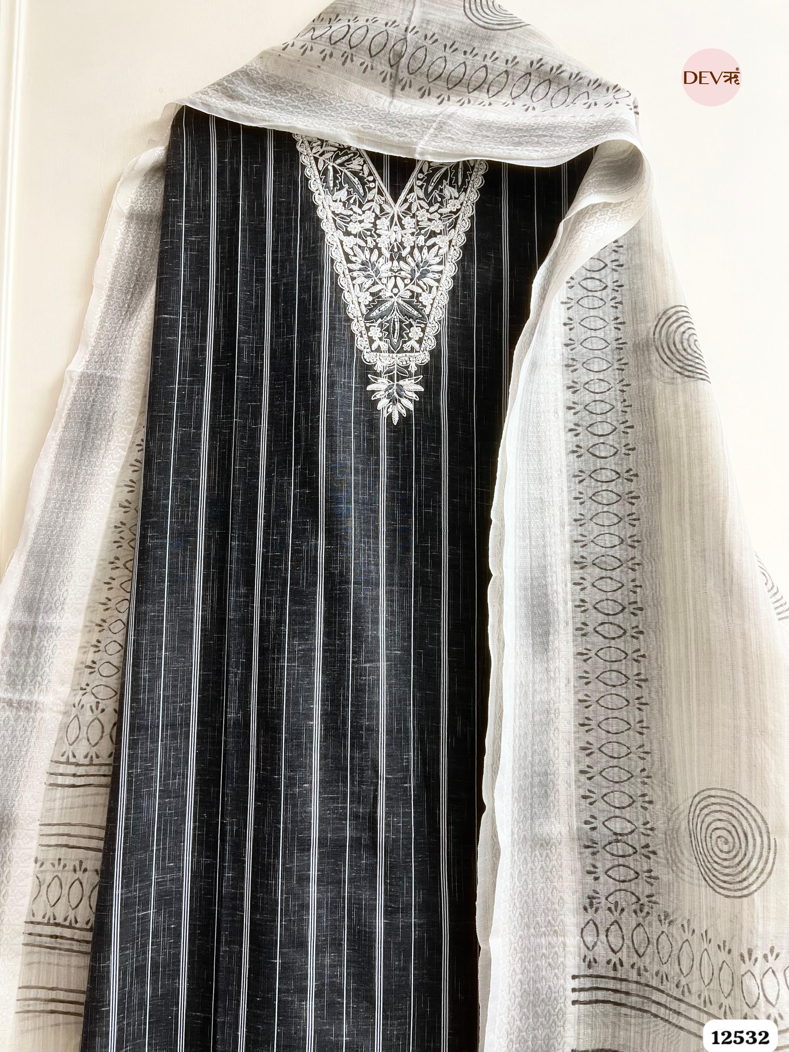 Black Handloom Cotton Embroidered Unstitched 3-Piece Suit (Devri – D.No. 12532)