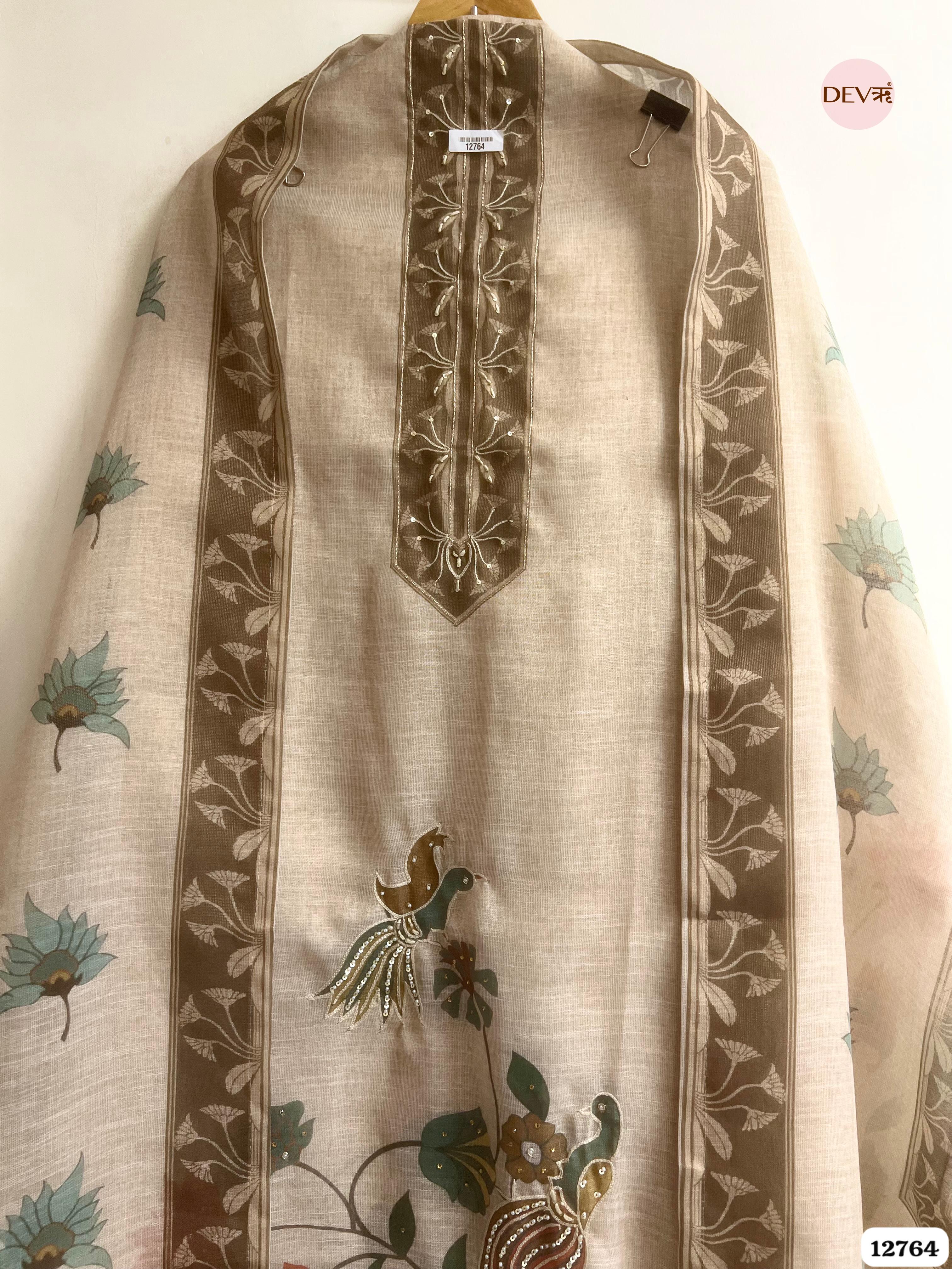 Beige Linen Cotton Embroidered Unstitched 3-Piece Suit (Devri – D.No 12764)