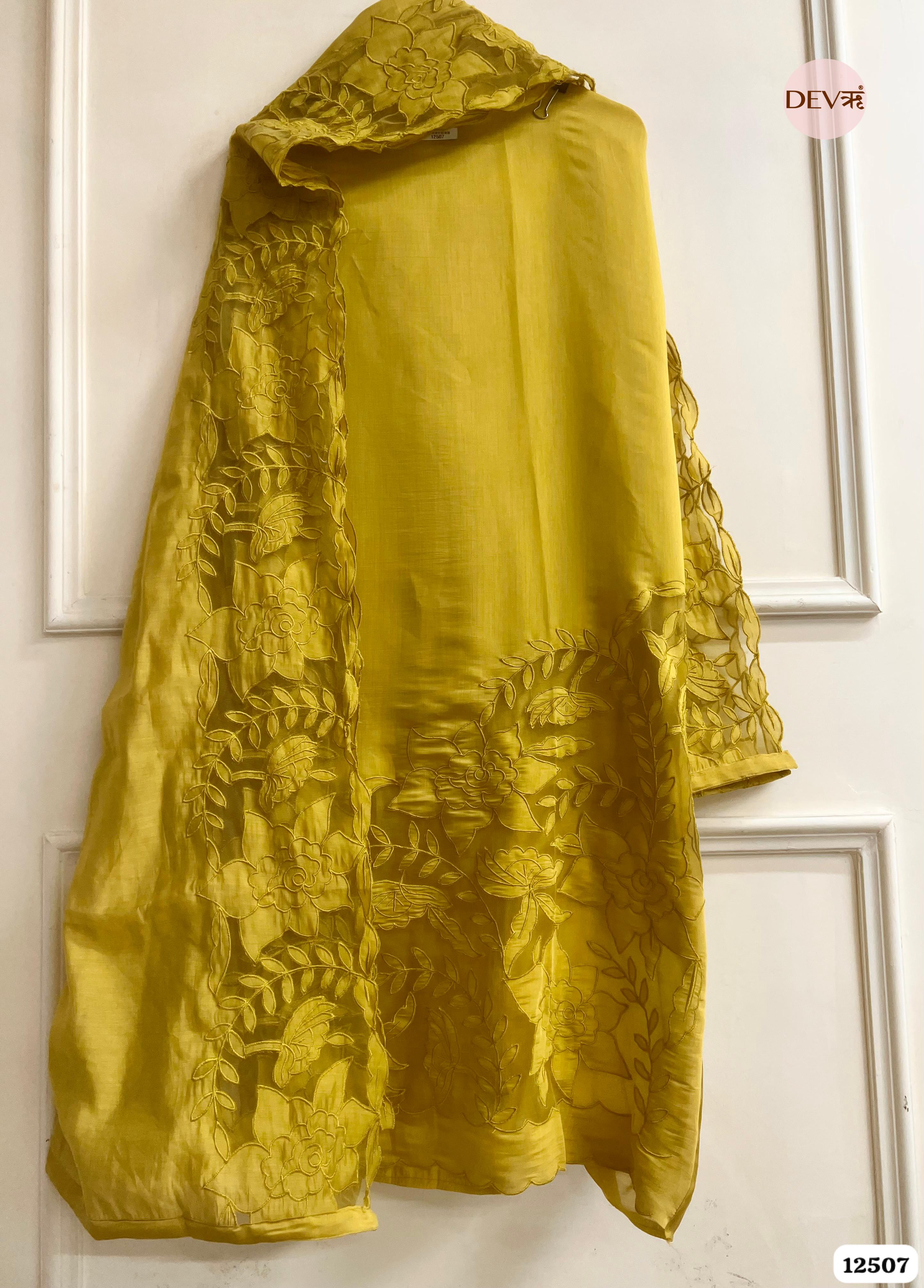 Mustard Modal Silk Embroidered Unstitched 3-Piece Suit (Devri – D.No . 12507)