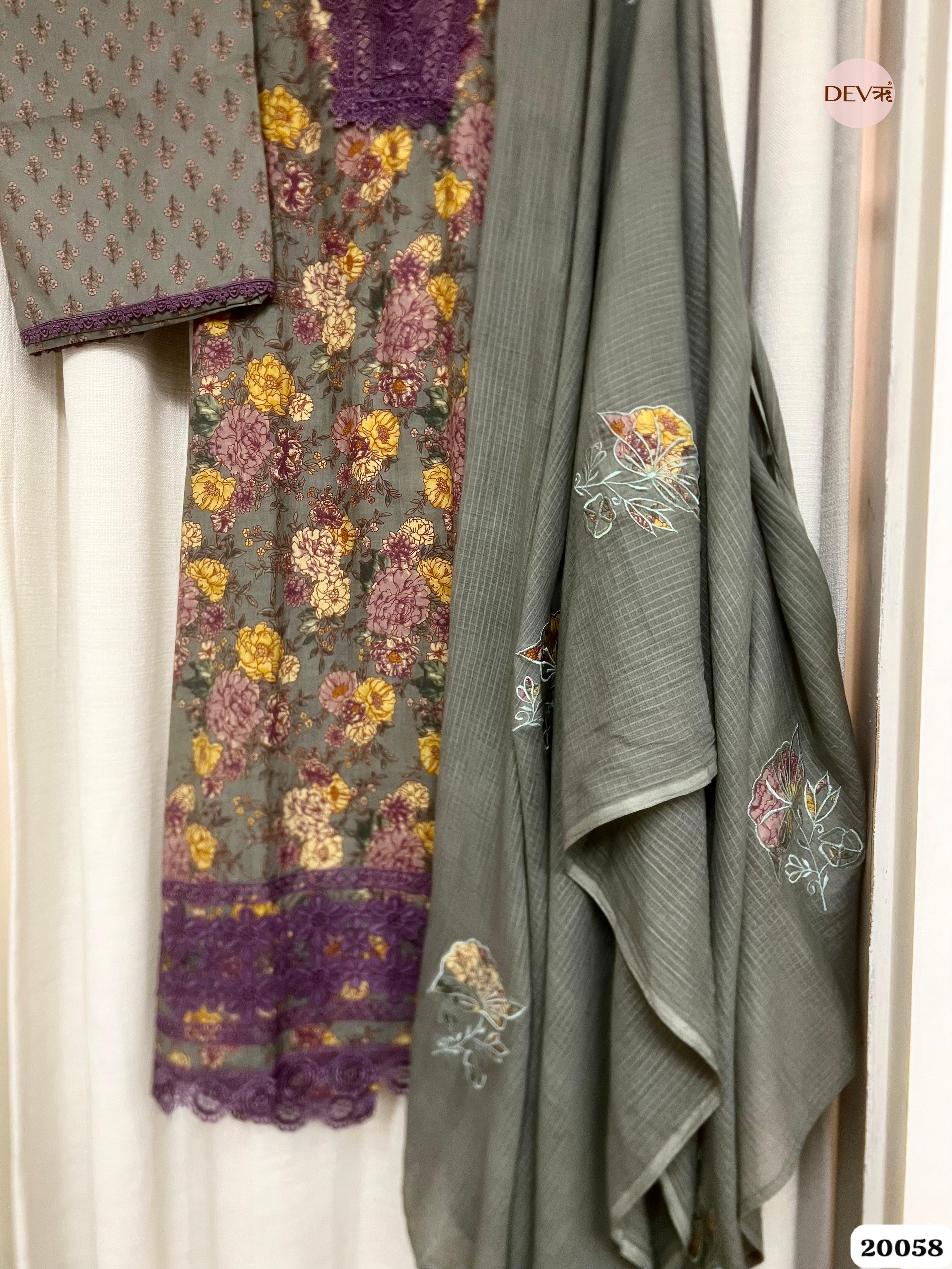 grey Cotton Printed Unstitched 3-Piece Suit (Devri – D.No. 20058)