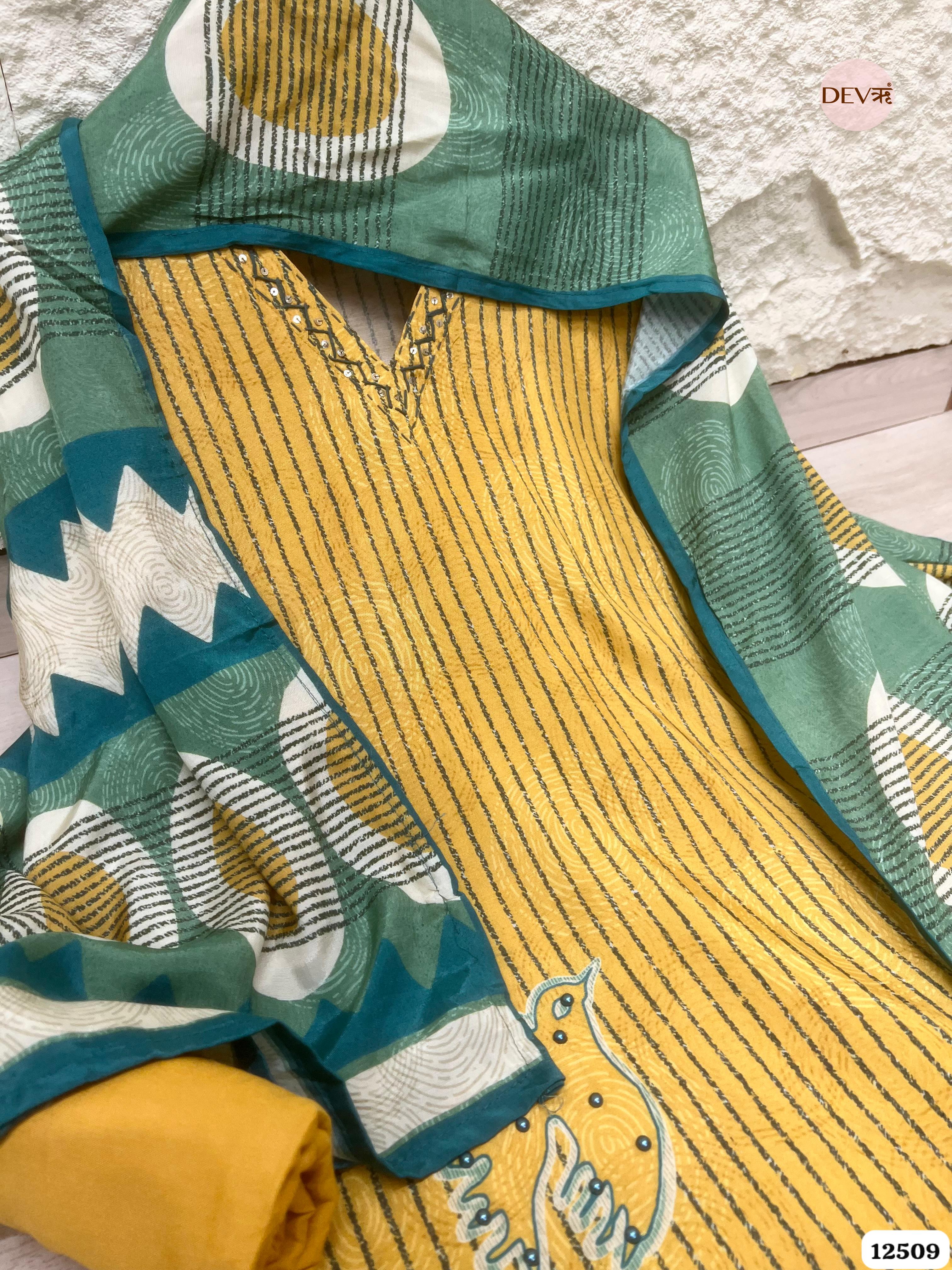 Mustard Muslin Printed Unstitched 3-Piece Suit (Devri – D.No 12509)