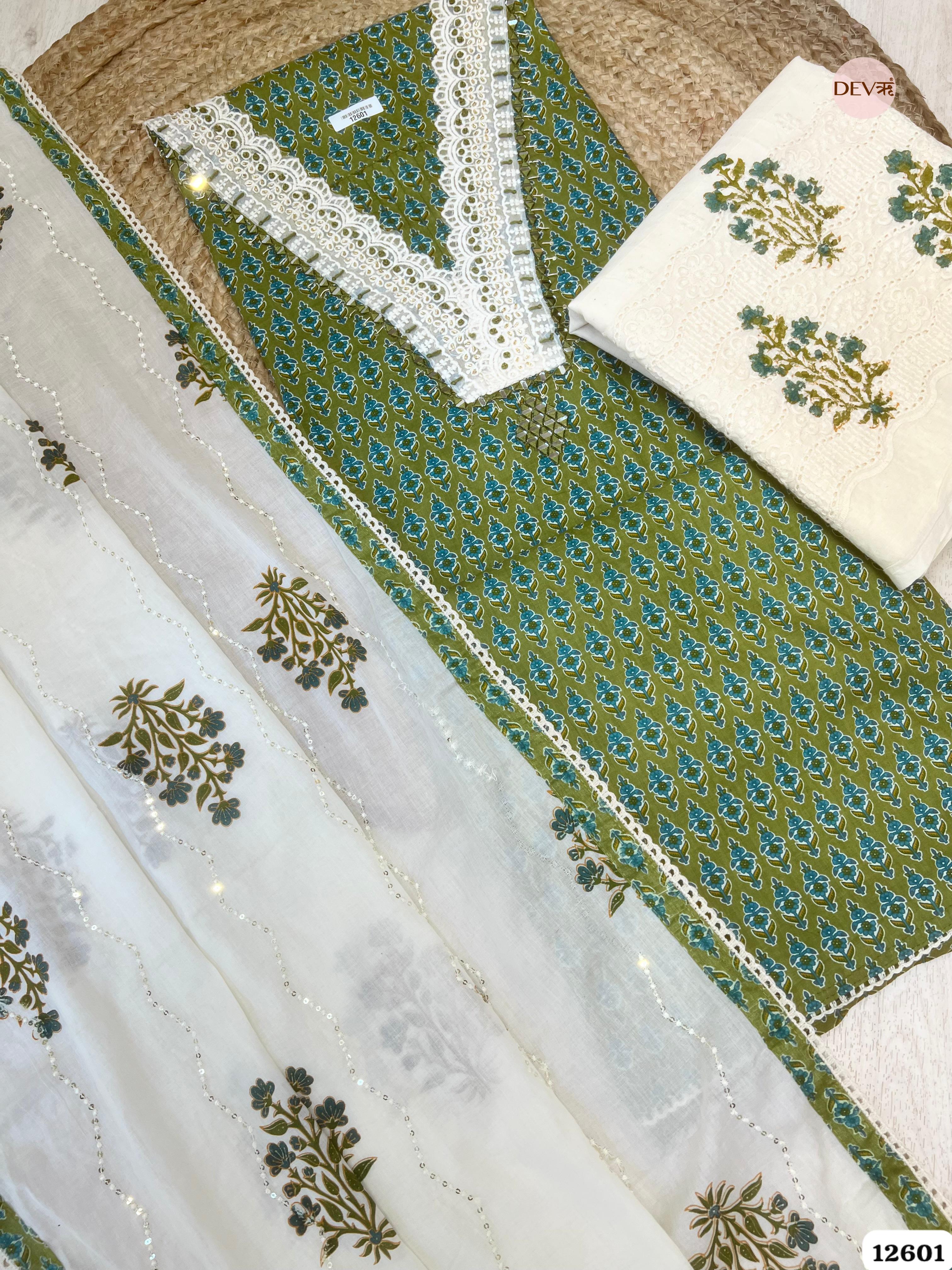 Olive Green Cotton Printed Unstitched 3-Piece Suit (Devri – D.No 12601)