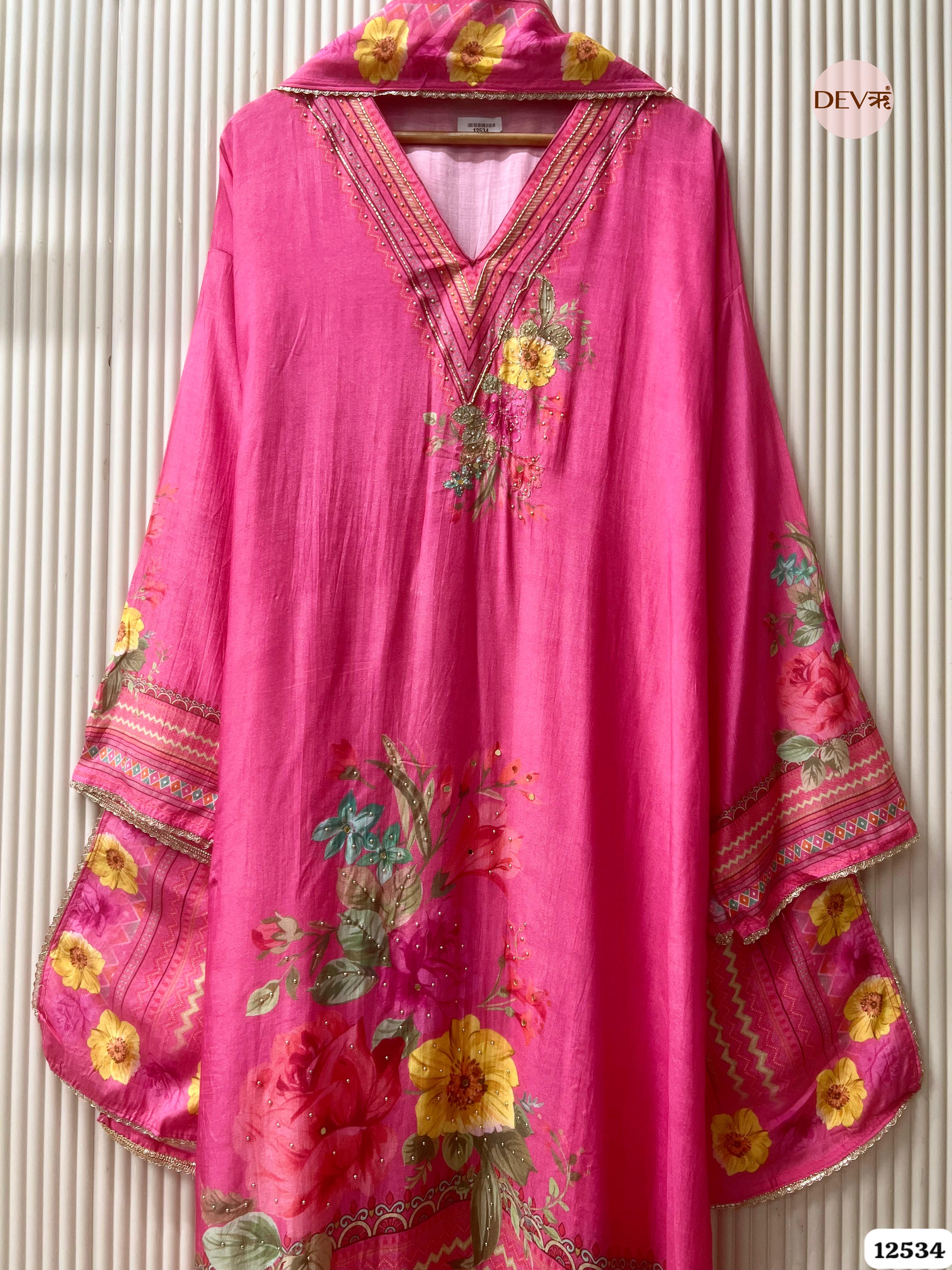 Deep Pink Muslin Printed Unstitched 3-Piece Suit (Devri – D.No . 12534)