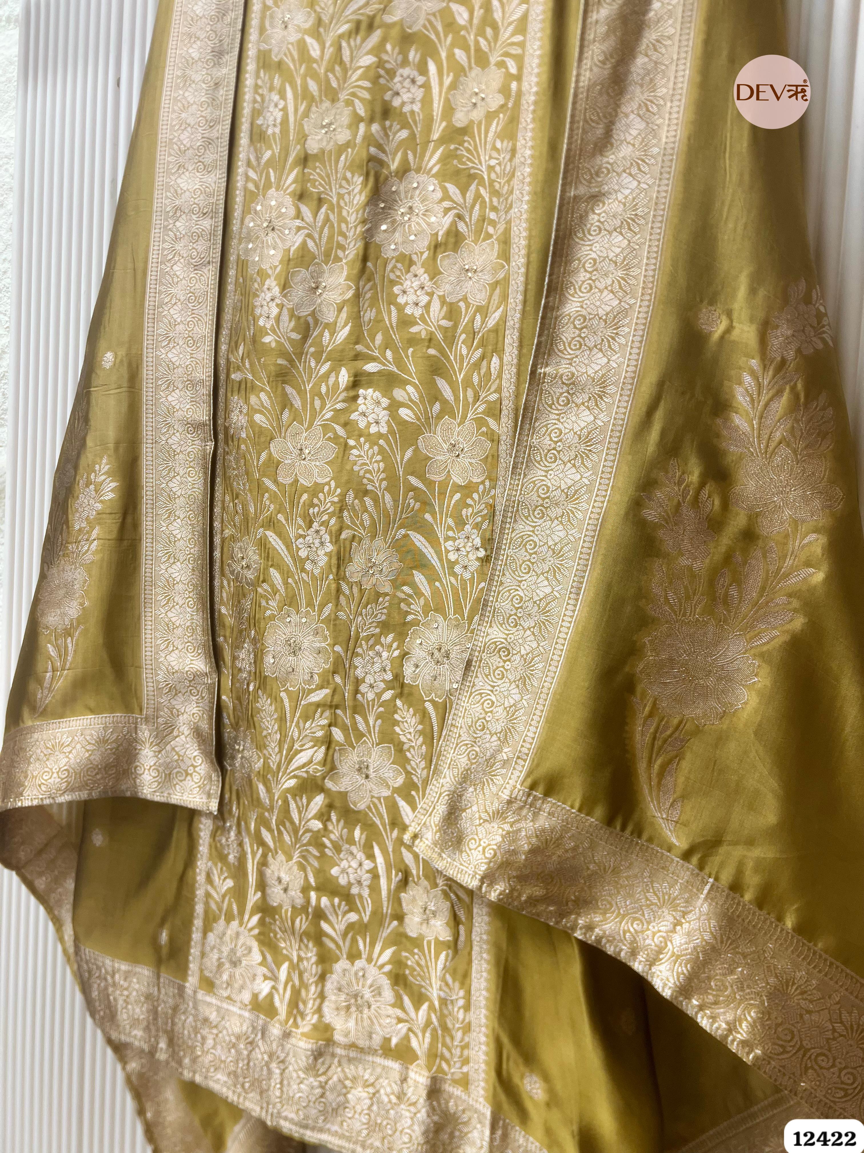 Olive Banarasi Silk Embroidered Unstitched 3-Piece Suit (Devri – D.No.12422 )