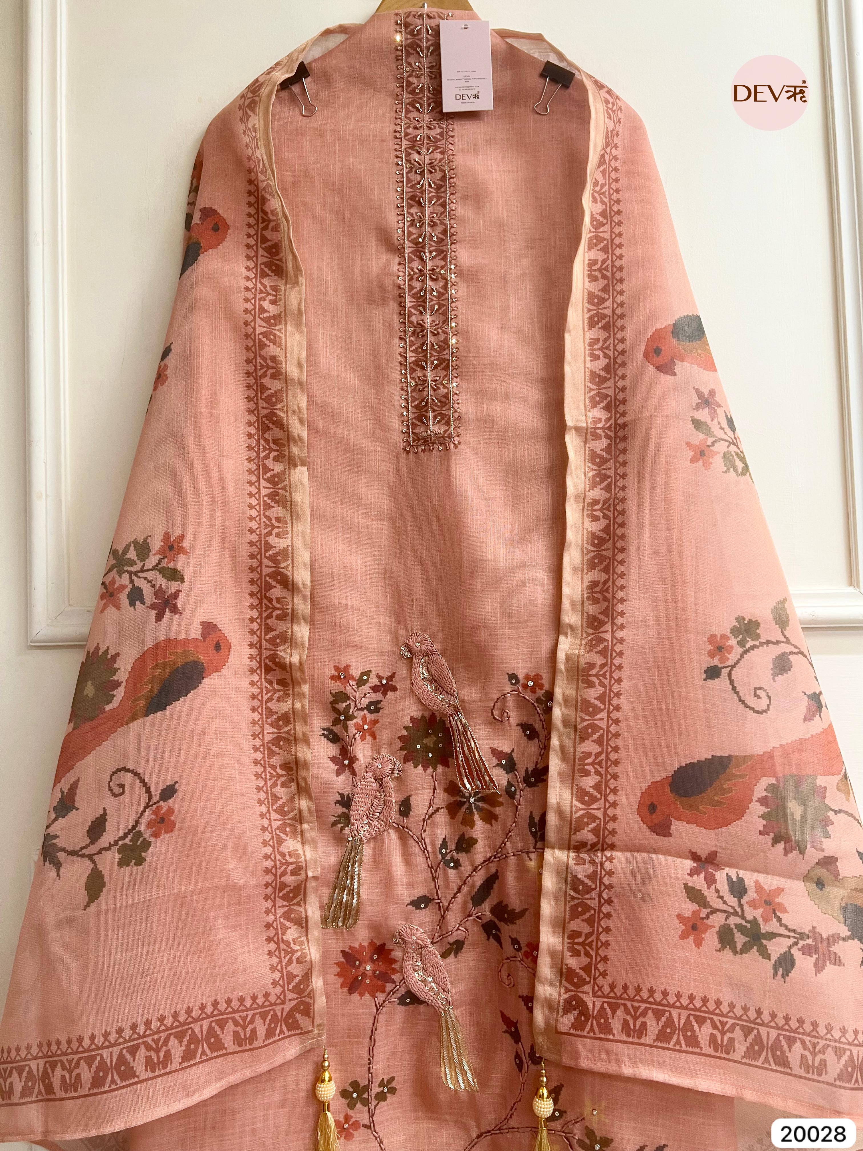 Blush Peach Pure Linen Embroidered Unstitched 3-Piece Suit (Devri – D.No. 20028 )