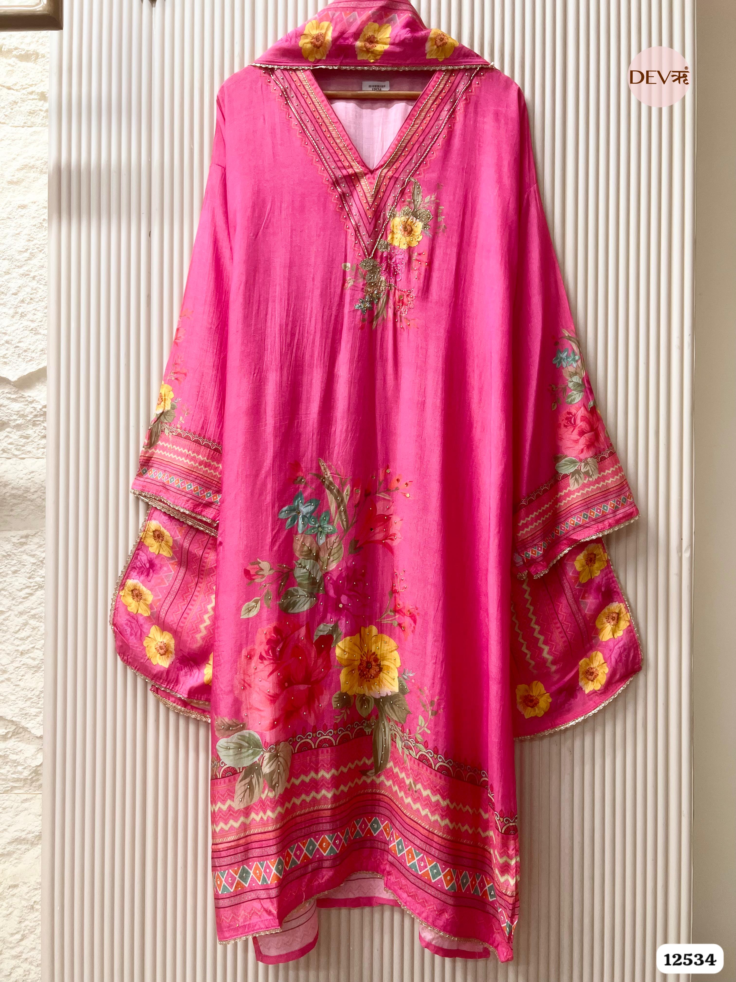 Deep Pink Muslin Printed Unstitched 3-Piece Suit (Devri – D.No . 12534)