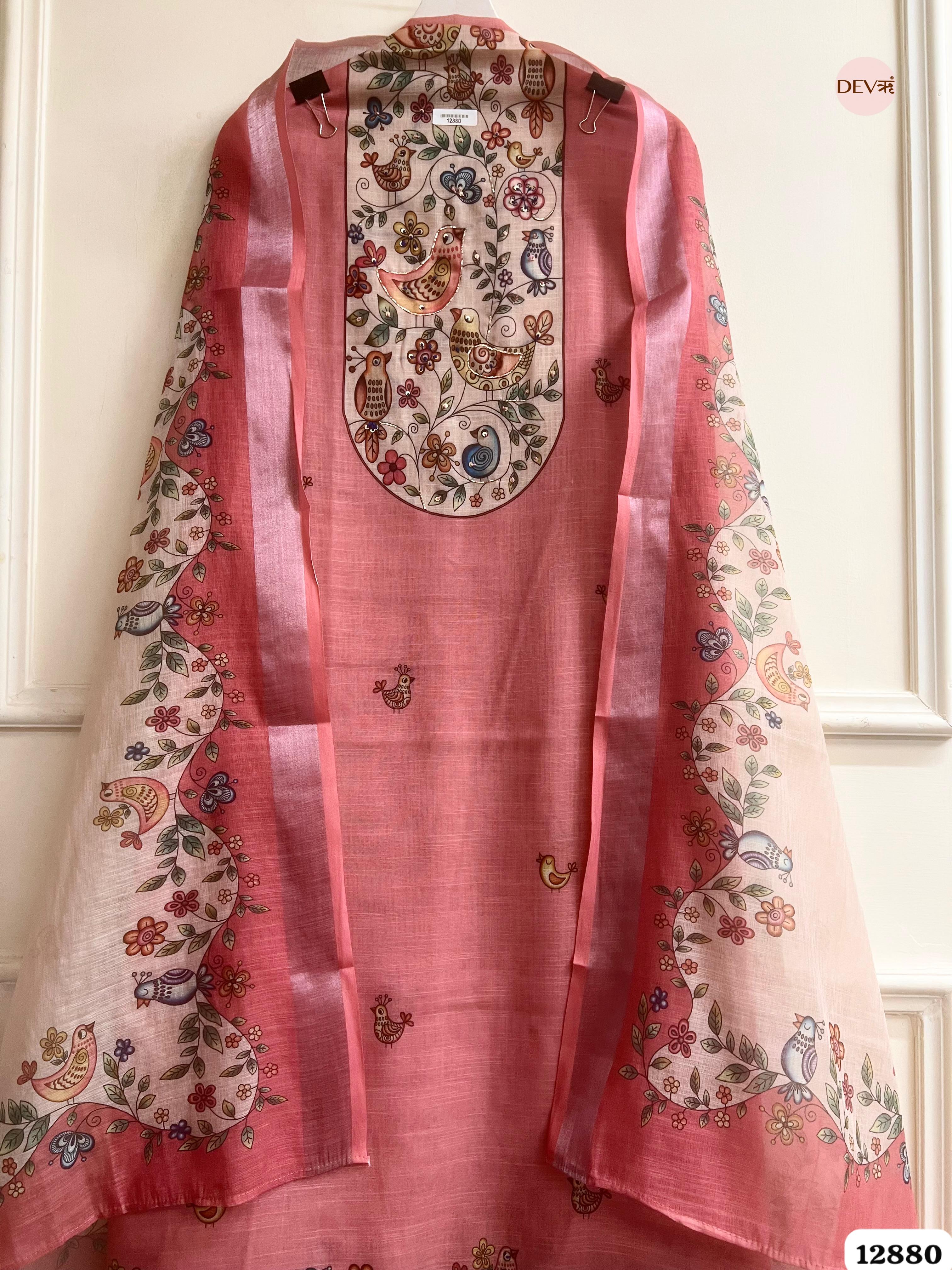 Pink Linen Cotton Printed Unstitched 3-Piece Suit (Devri – D.No 12880)
