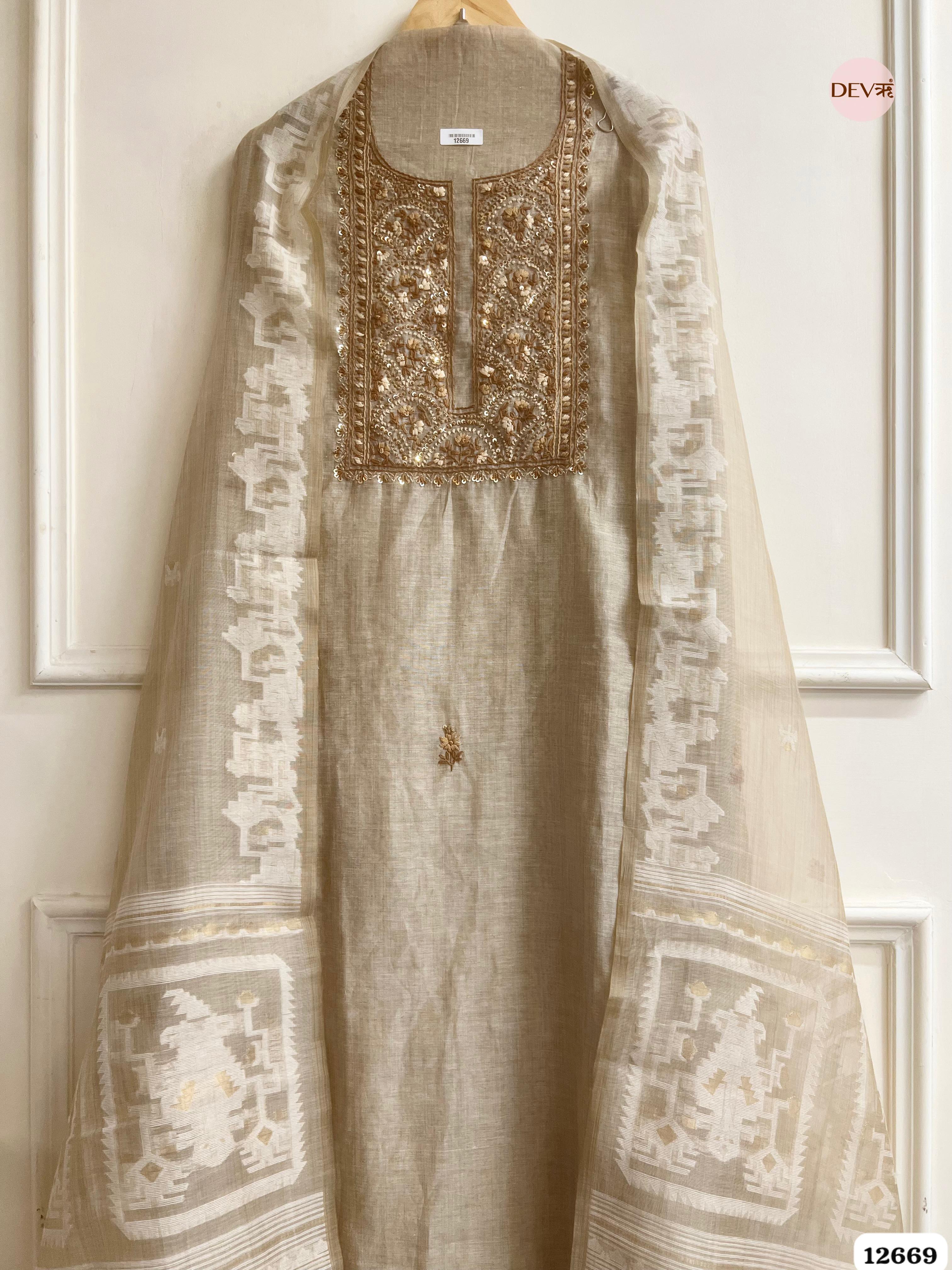 Beige Mul Chanderi Embroidered Unstitched 3-Piece Suit (Devri – D.No 12669)
