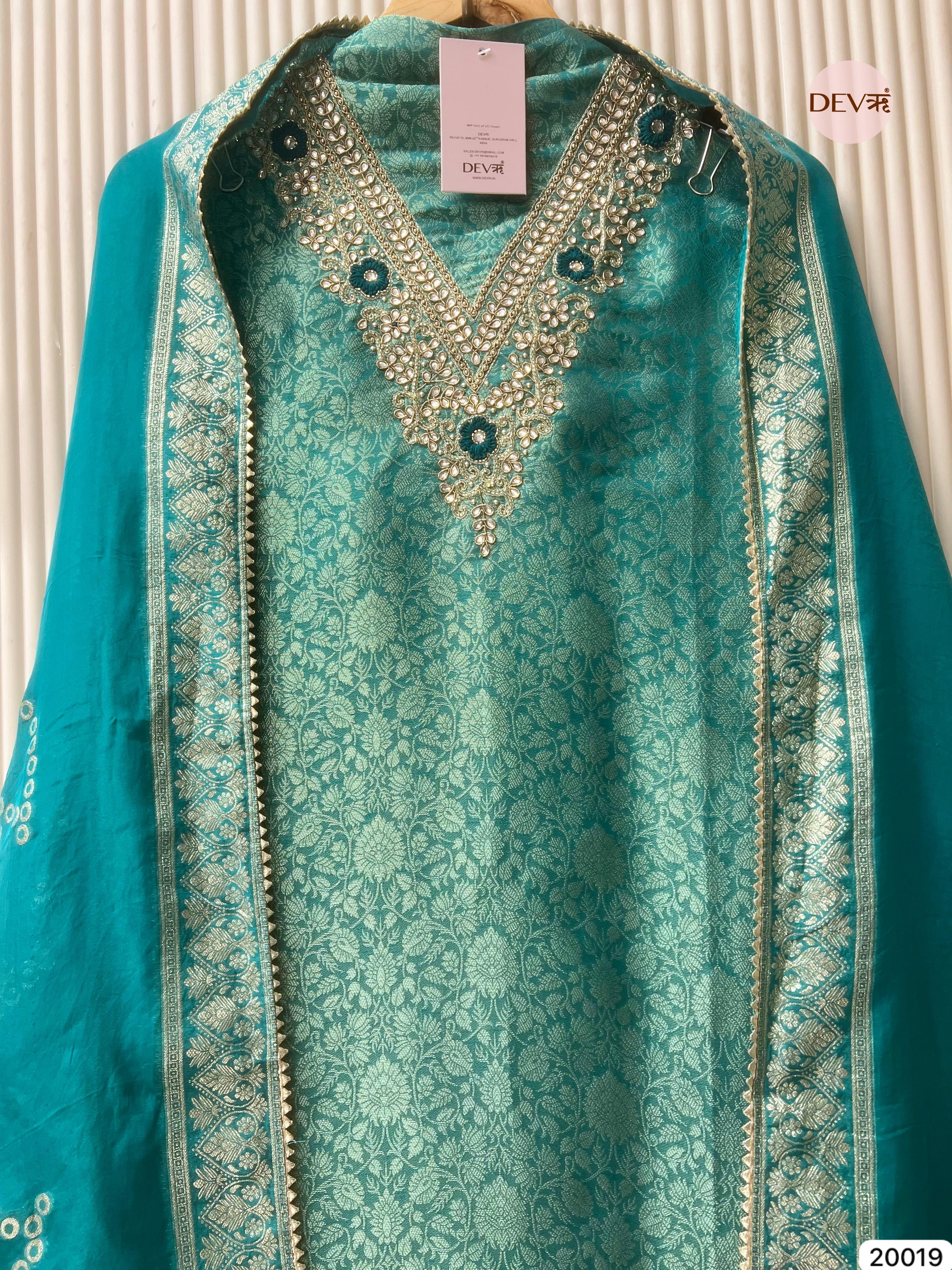 Teal Blue Tissue Jacquard Embroidered Unstitched 3-Piece Suit (Devri – D.No 20019)