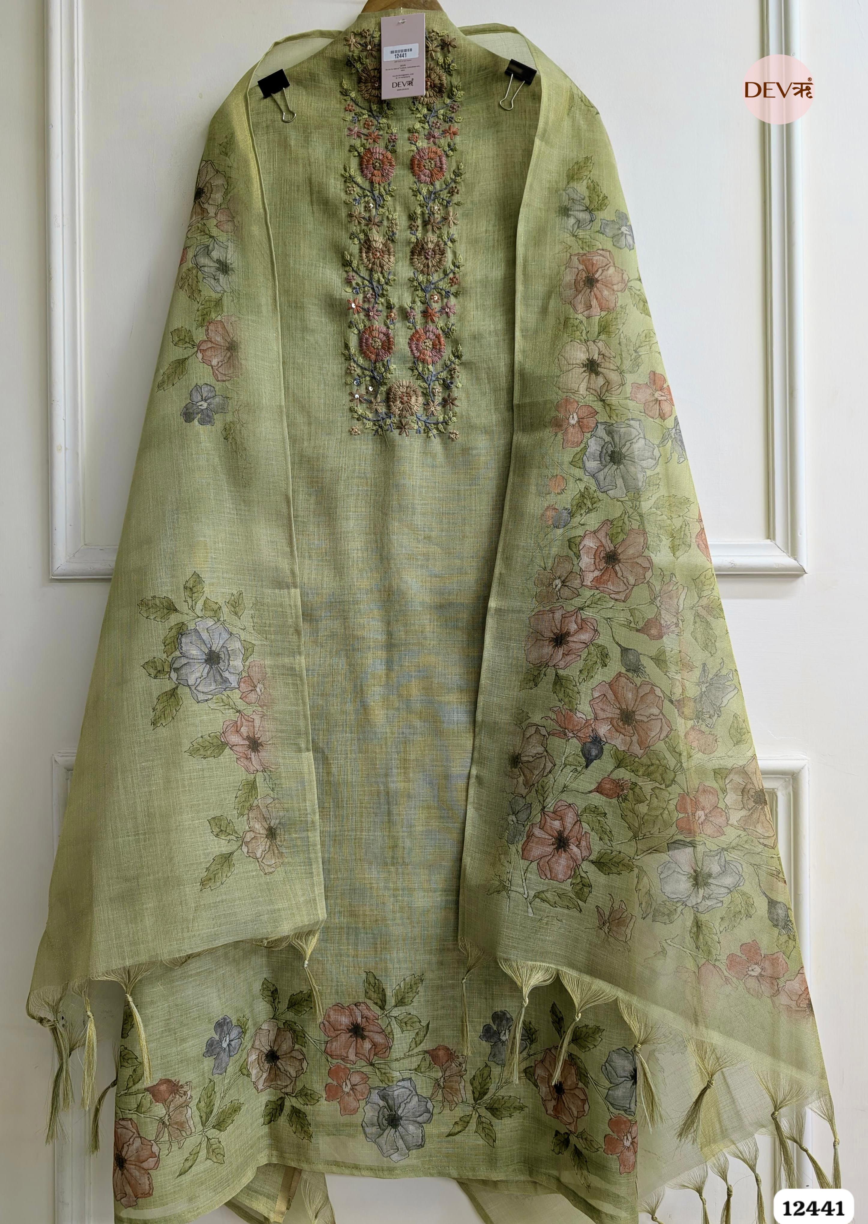 Sage Green Linen Embroidered Unstitched 3-Piece Suit (Devri – D.No 12441)
