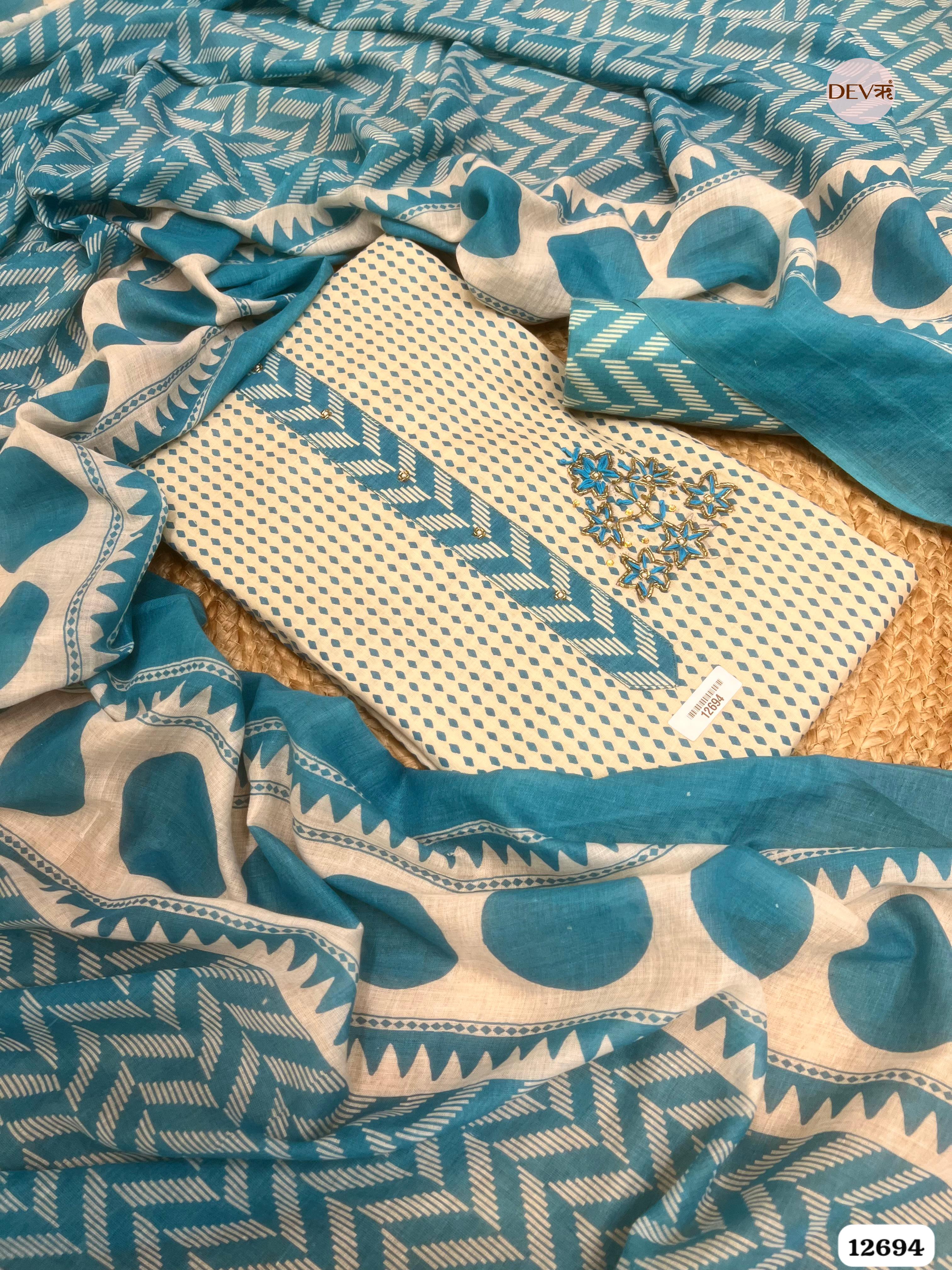 Sky Blue Cotton Printed Unstitched 3-Piece Suit (Devri – D.No 12694)