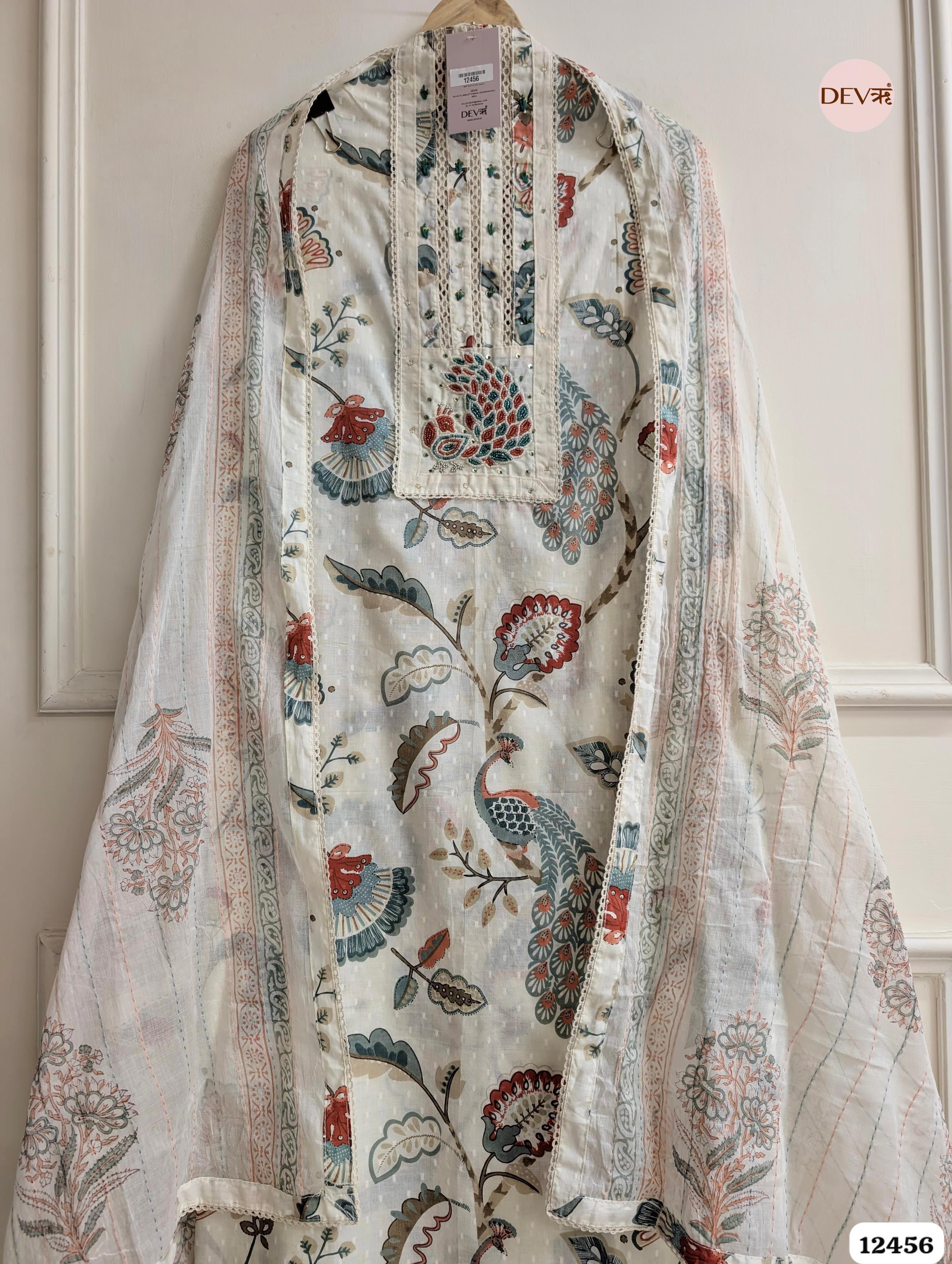 Peach & Teal Pure Cotton Printed Unstitched 3-Piece Suit (Devri – D.No. 12456)