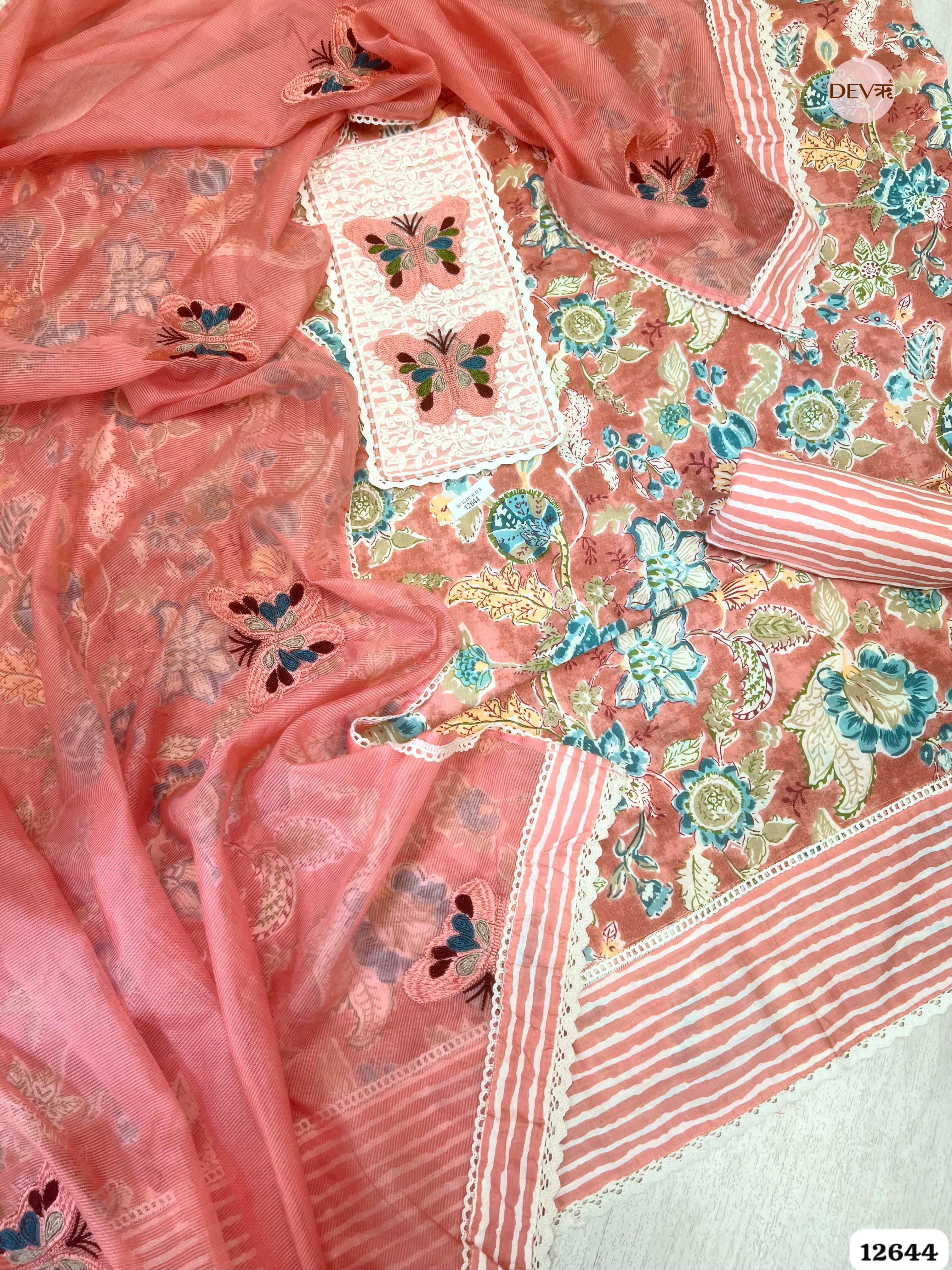 Peach Cotton Floral Embroidered Unstitched 3-Piece Suit (Devri – D.No 12644)