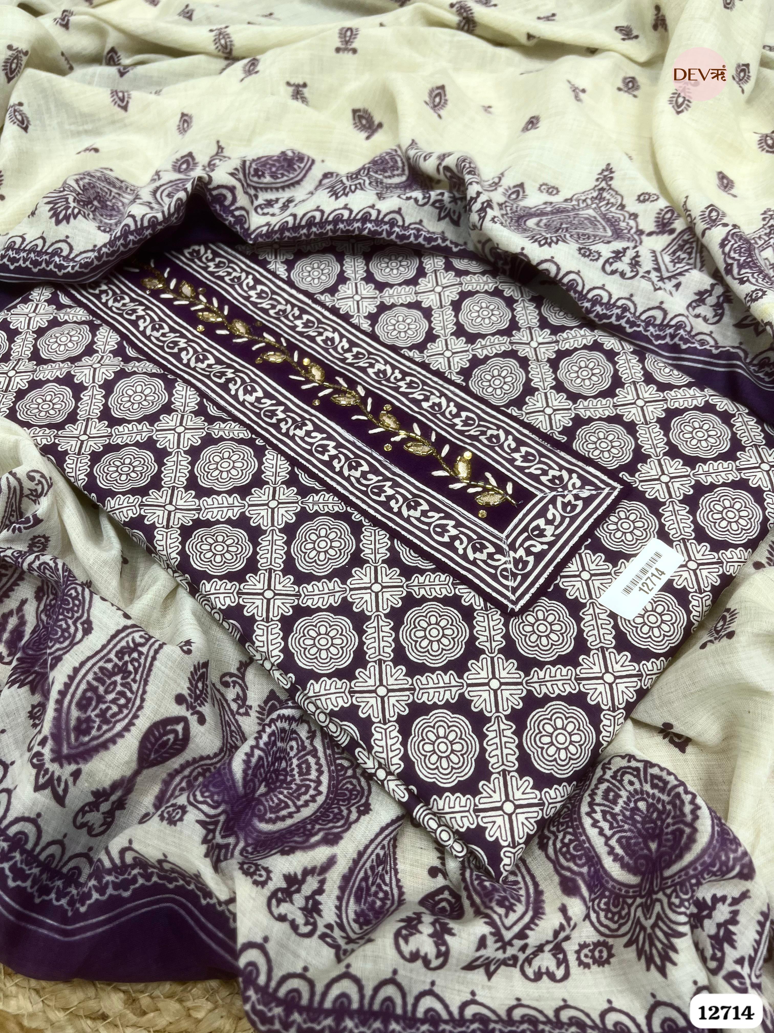 Deep Purple Cotton Printed Unstitched 3-Piece Suit (Devri – D.No 12714)