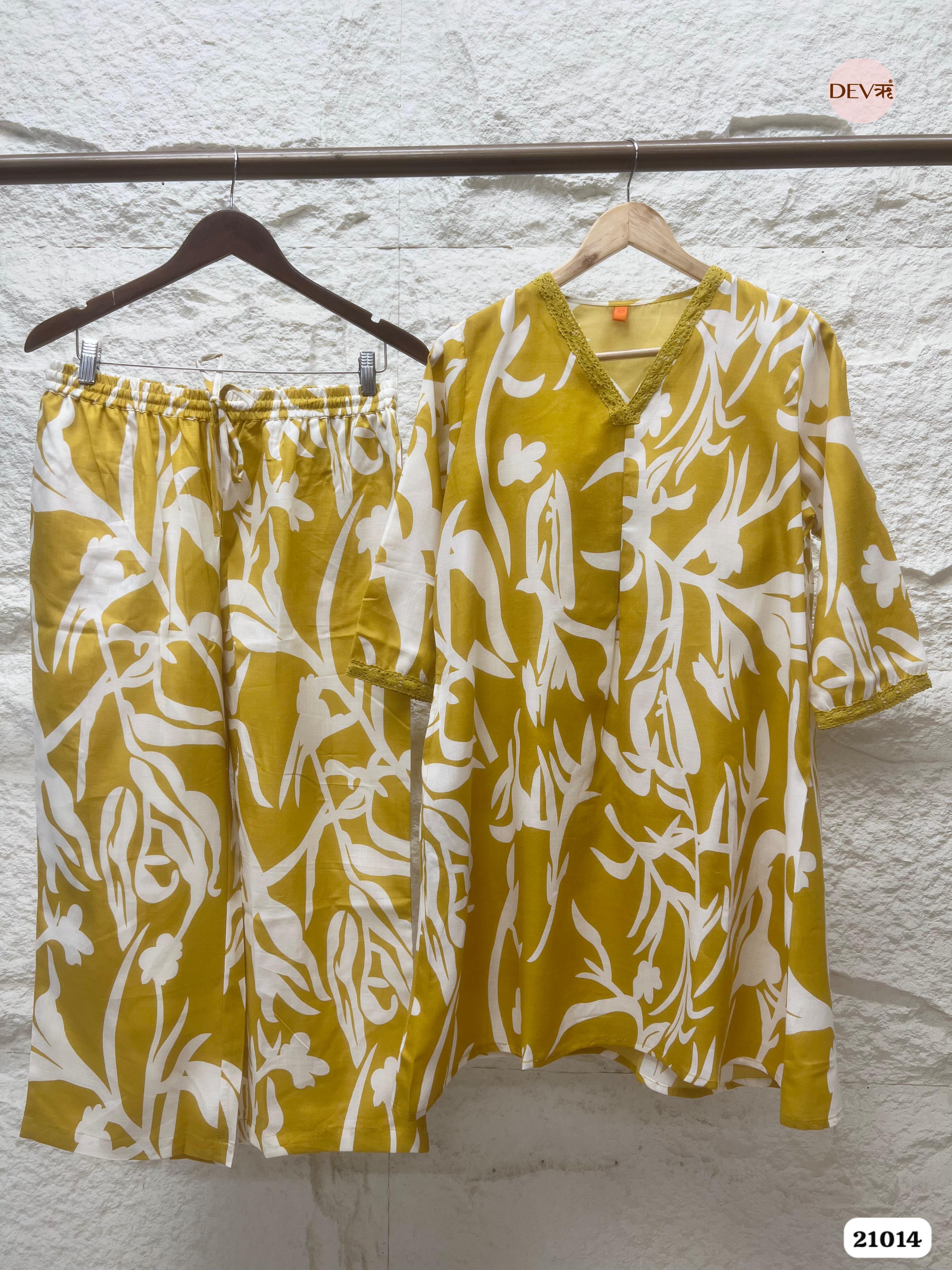 Saumya Cotton Printed Mustard 2-Piece Set (Devri – D.No 12014)