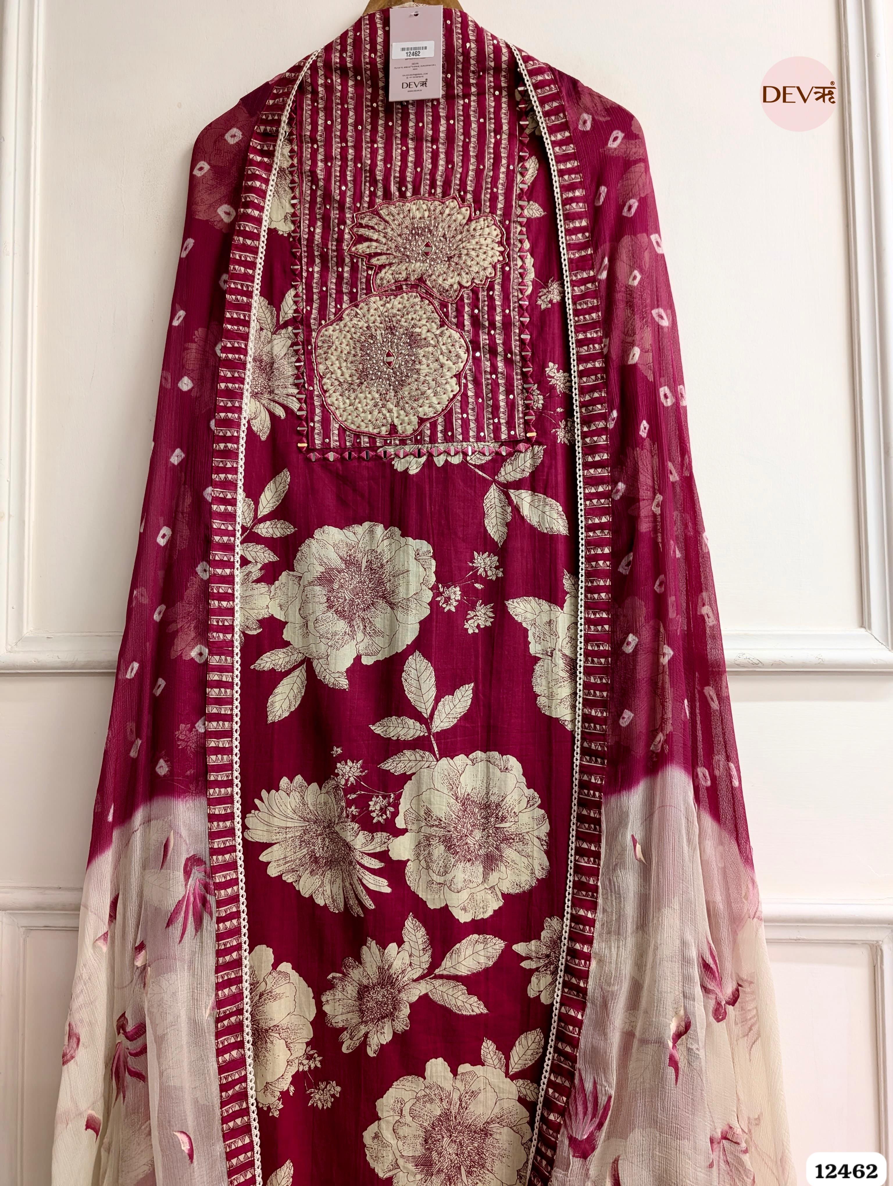 Deep Pink Cotton Printed Unstitched 3-Piece Suit (Devri – D.No. 12462)