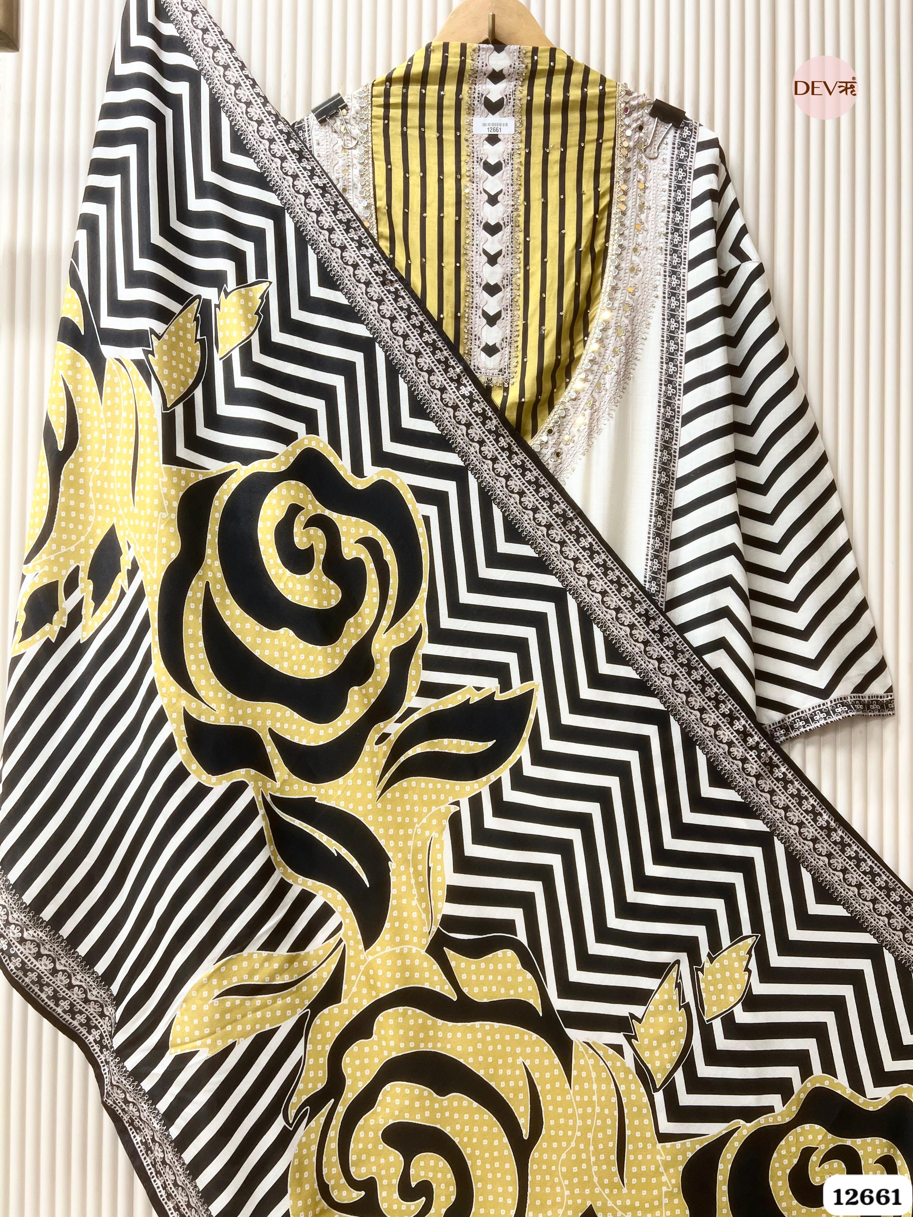 Ivory & Mustard Muslin Printed Unstitched 3-Piece Suit (Devri – D.No. 12661)