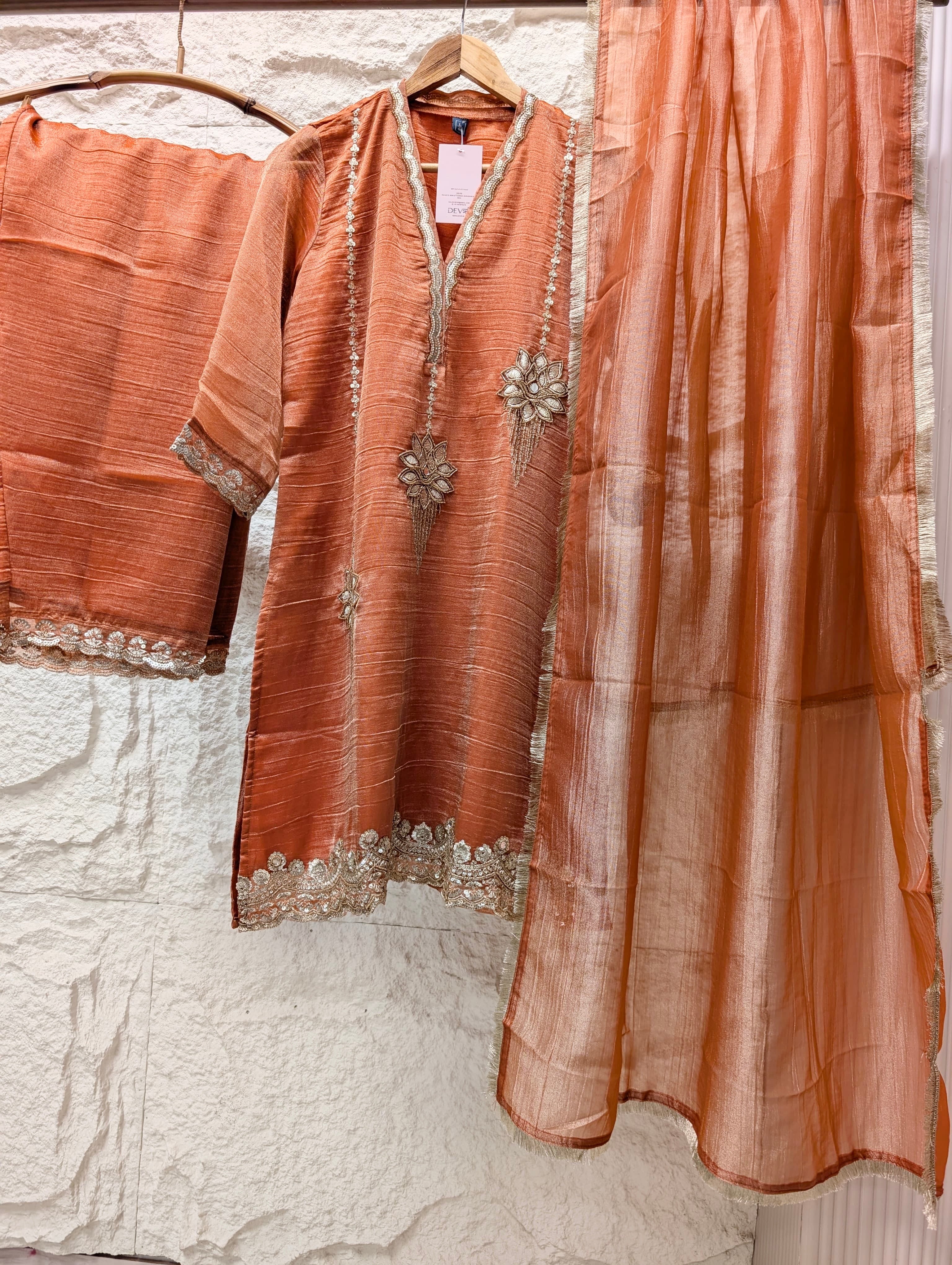 Gulnaar Tissue Silk Embroidered Rust 3-Piece Set (Devri – D.No 13784)