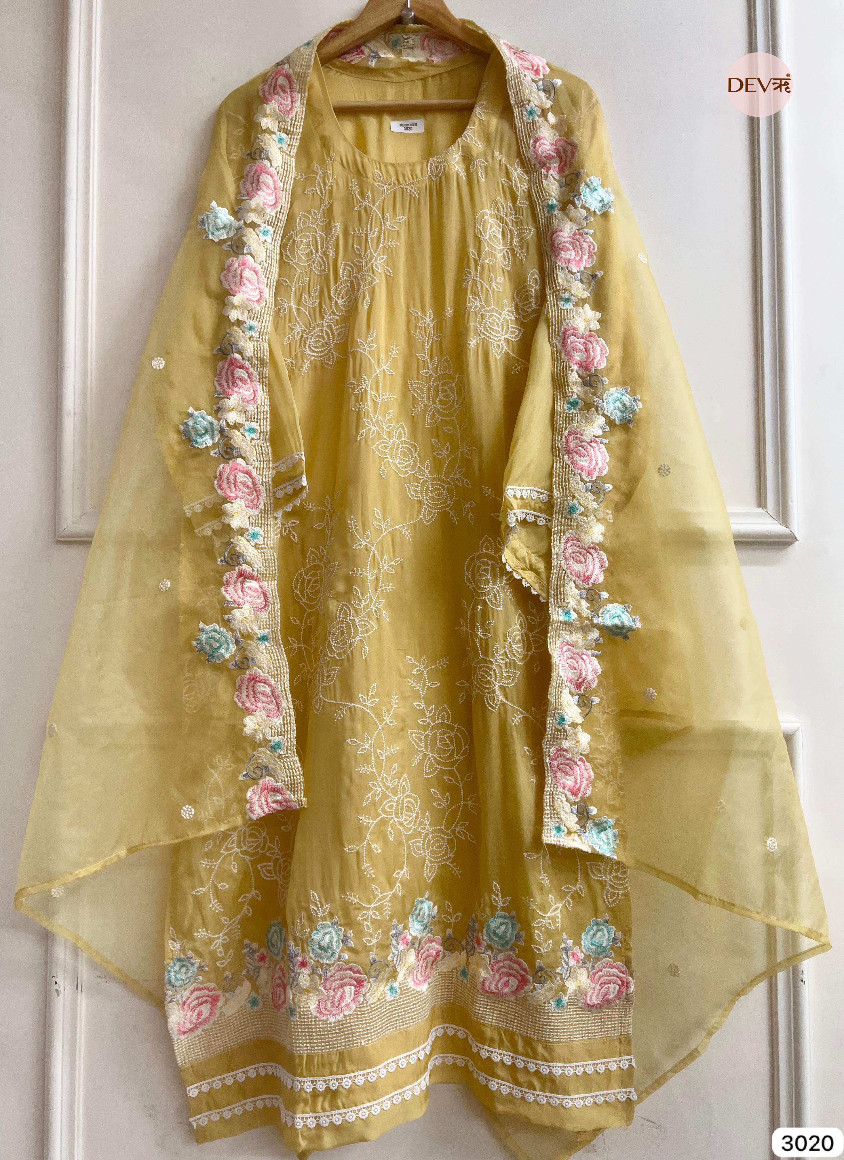 Yellow Organza Embroidered Unstitched 3-Piece Suit (Devri – D.No 3020)