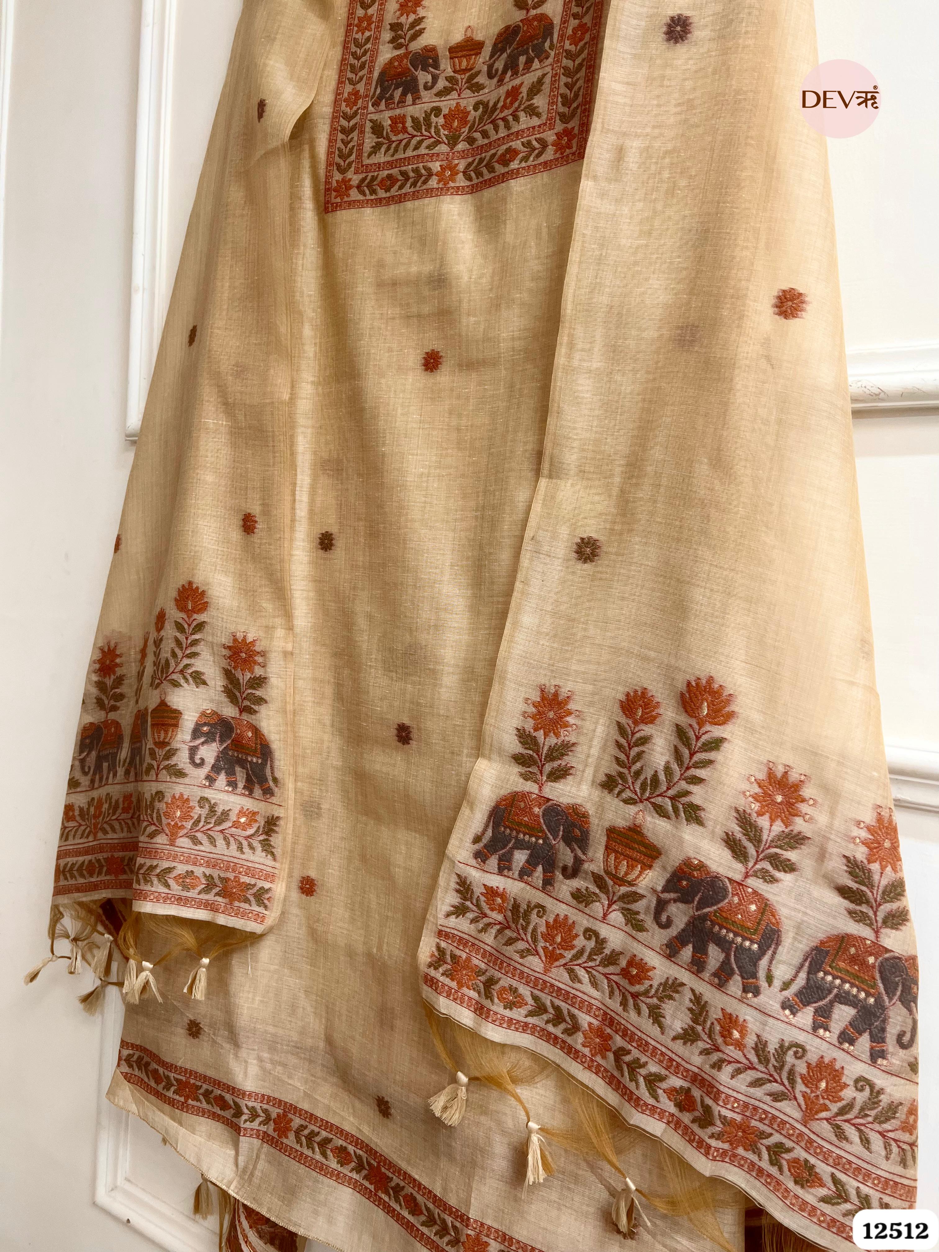 Beige Jamdani Embroidered Unstitched 3-Piece Suit (Devri – D.No 12512)