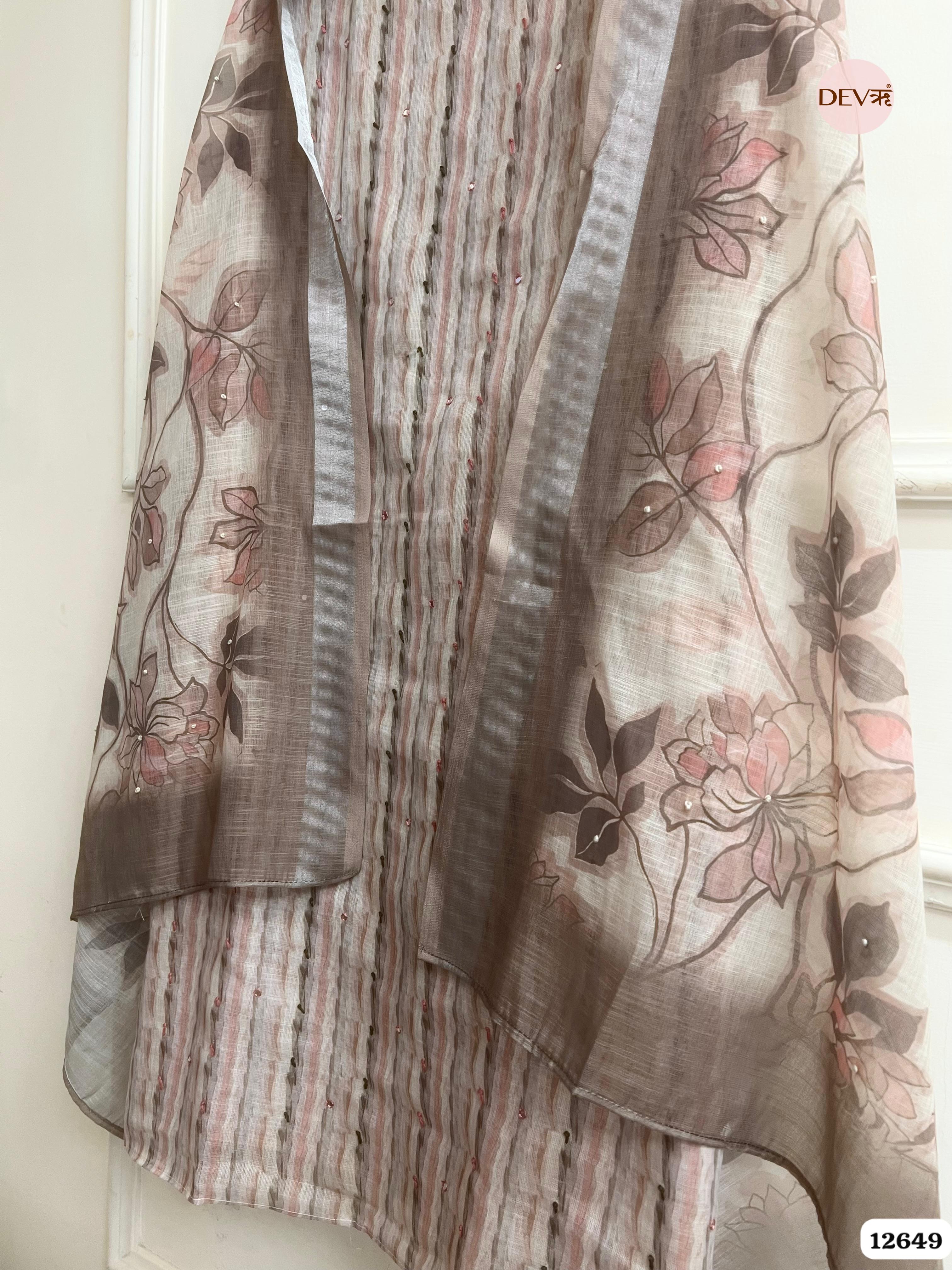 Mauve Linen Cotton Printed Unstitched 3-Piece Suit (Devri – D.No 12649)