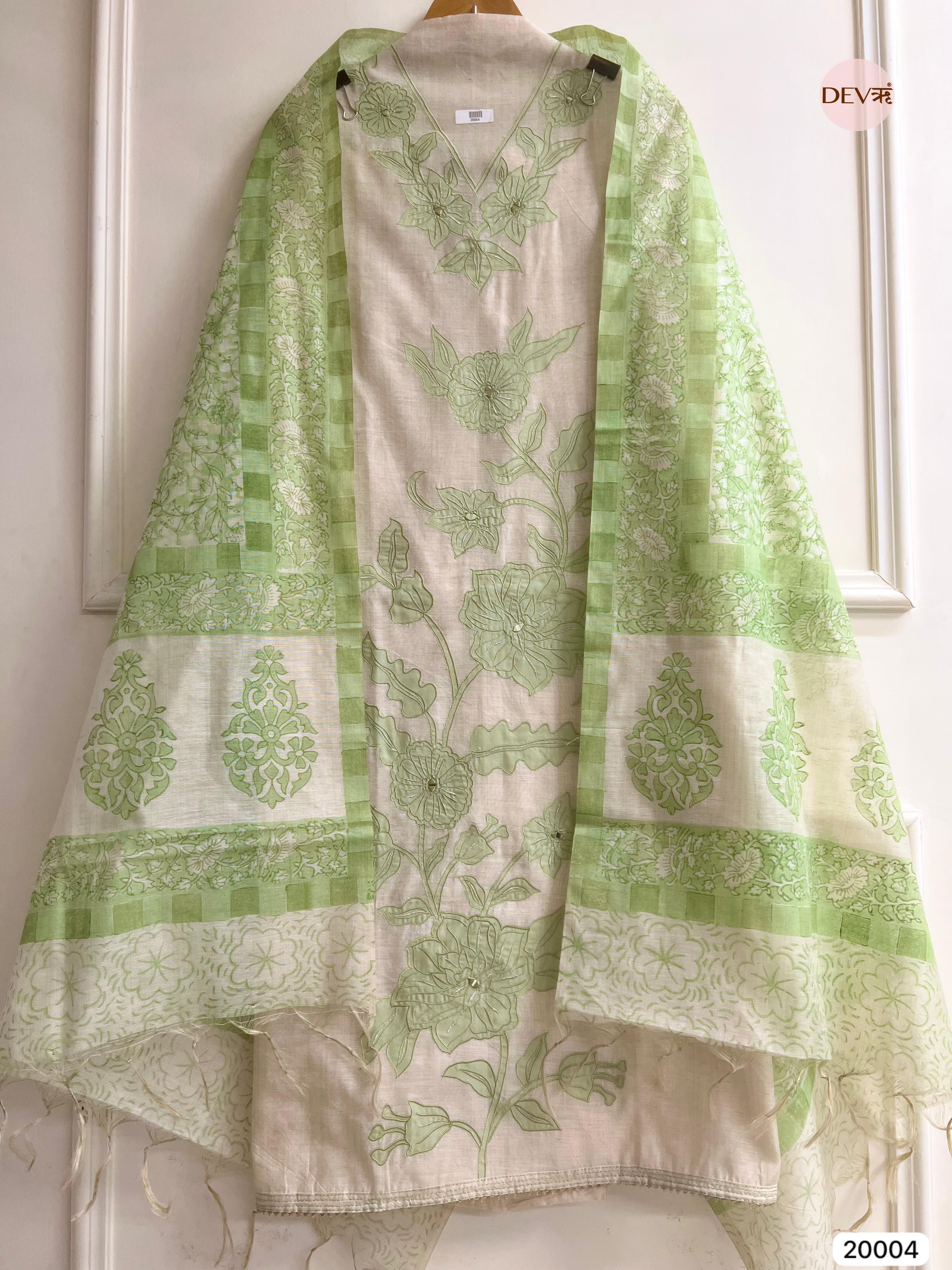Green Pure Linen Cotton Embroidered Unstitched 3-Piece Suit (Devri – D.No 20004)