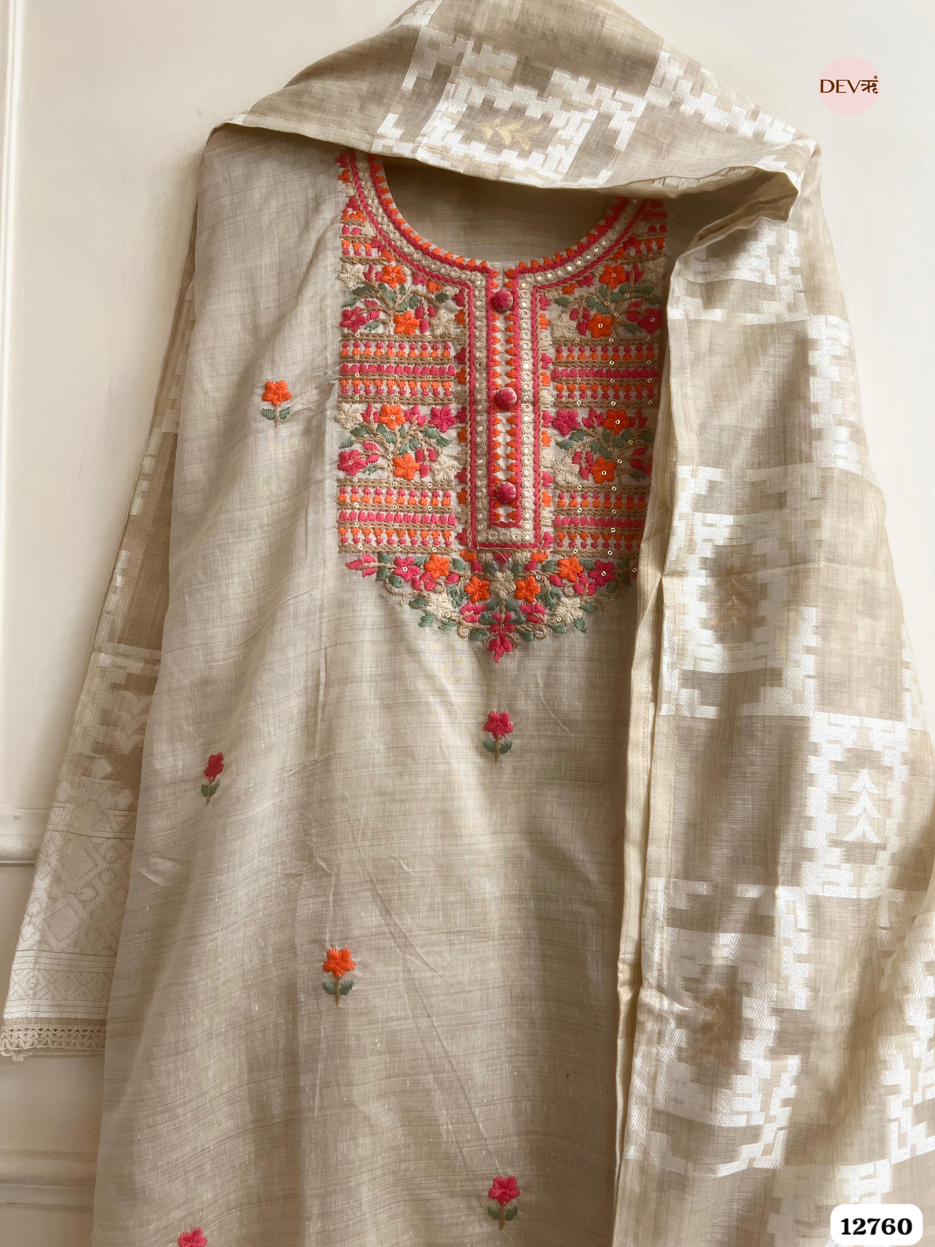 Beige Mul Chanderi Embroidered Unstitched 3-Piece Suit (Devri – D.No 12760)