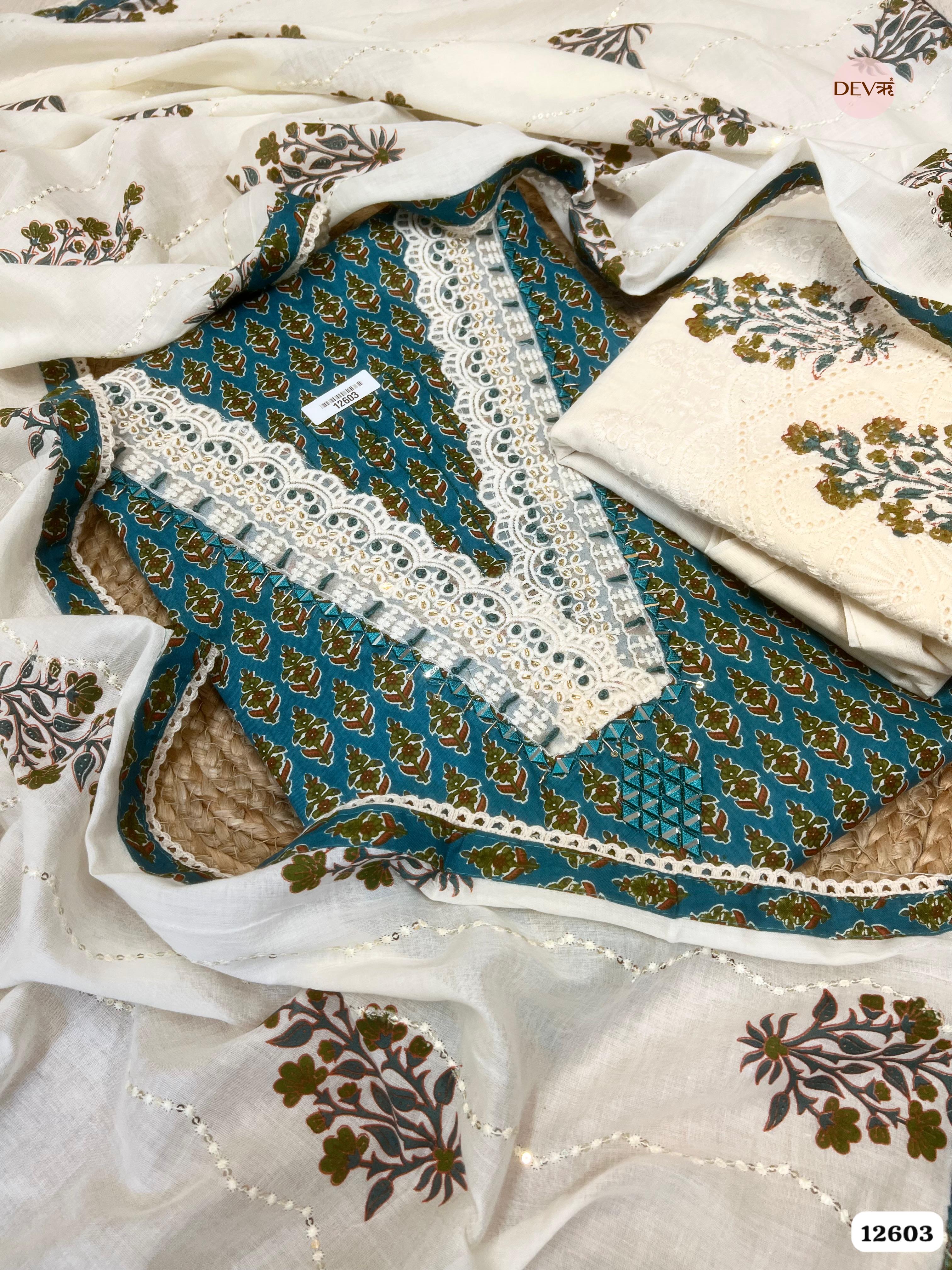 Teal Blue Cotton Printed Unstitched 3-Piece Suit (Devri – D.No 12603)