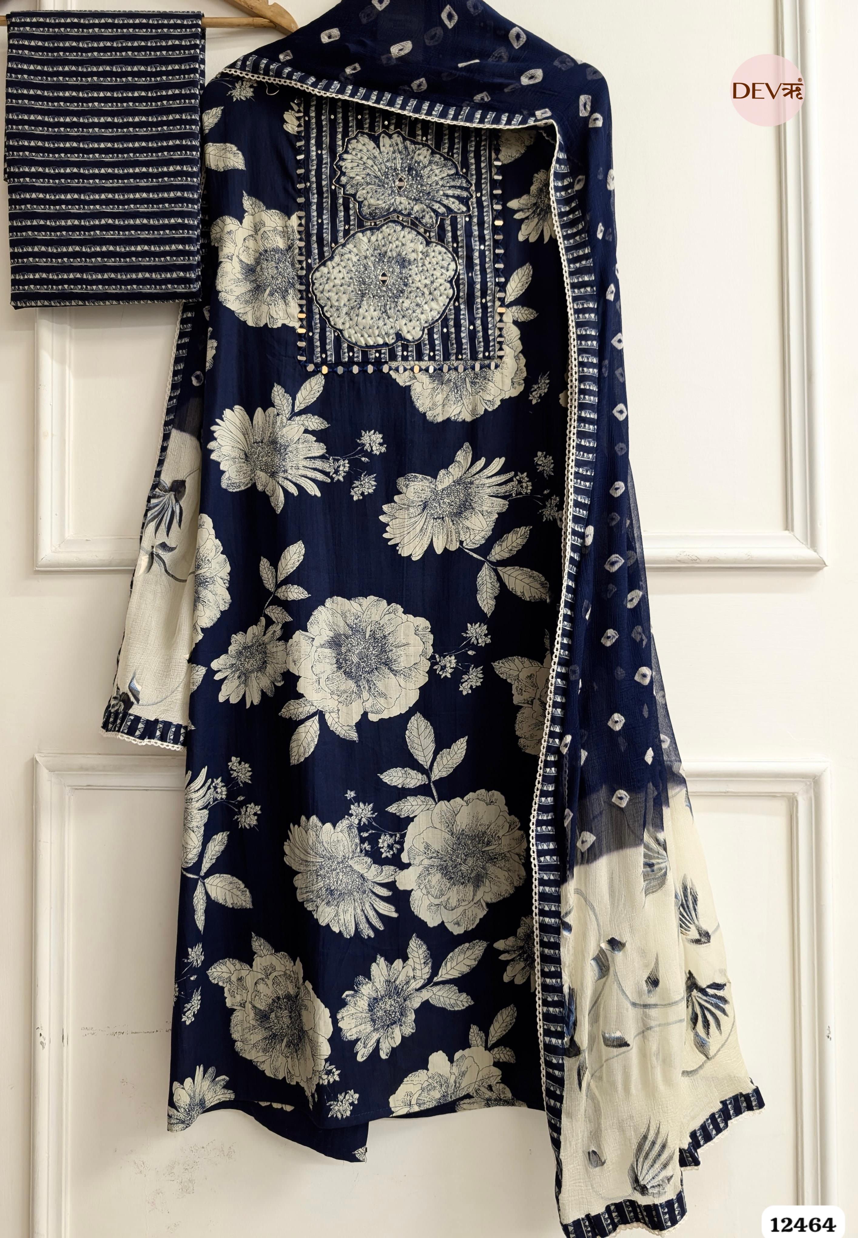 Navy Blue Cotton Printed Unstitched 3-Piece Suit (Devri – D.No. 12464)