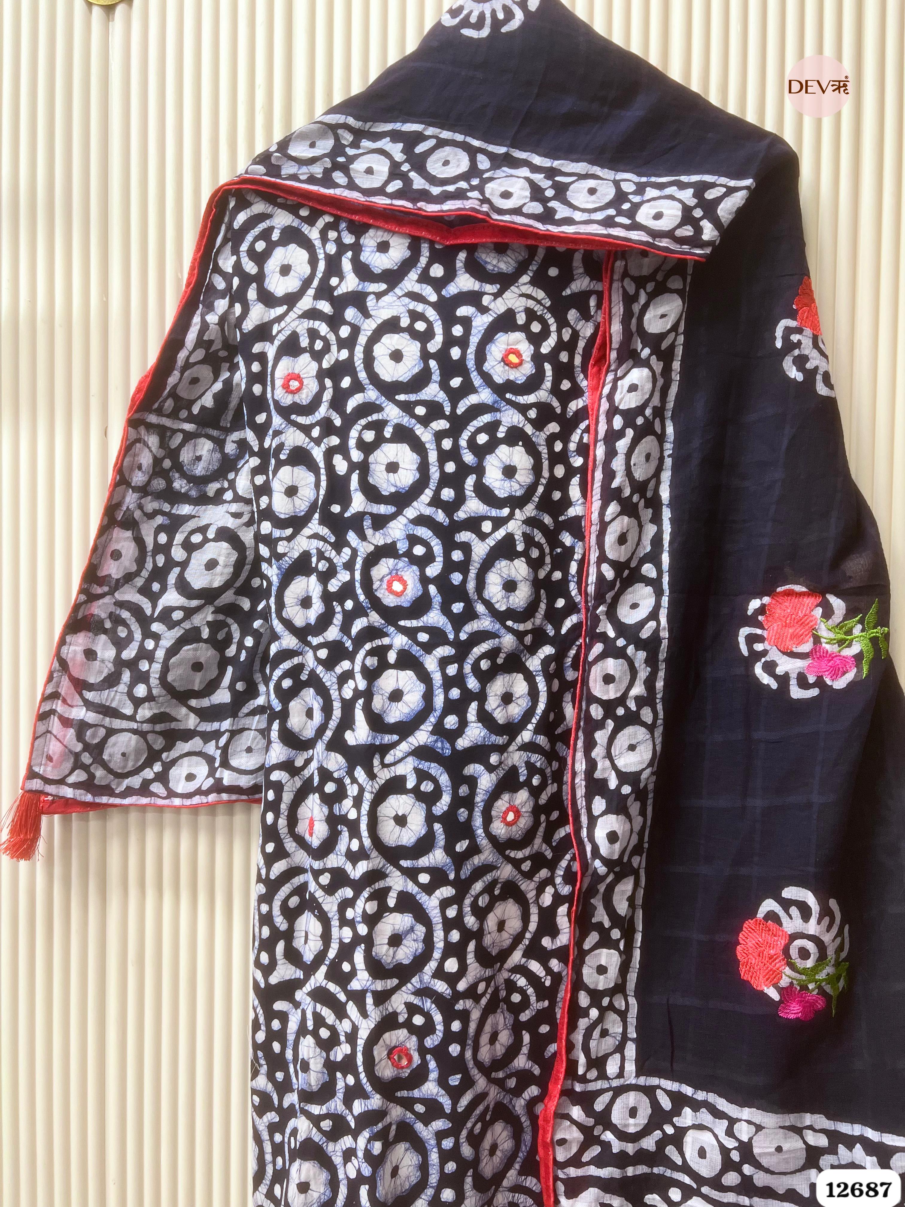 Navy Blue Cotton Batik Printed Unstitched 3-Piece Suit (Devri – D.No 12687)