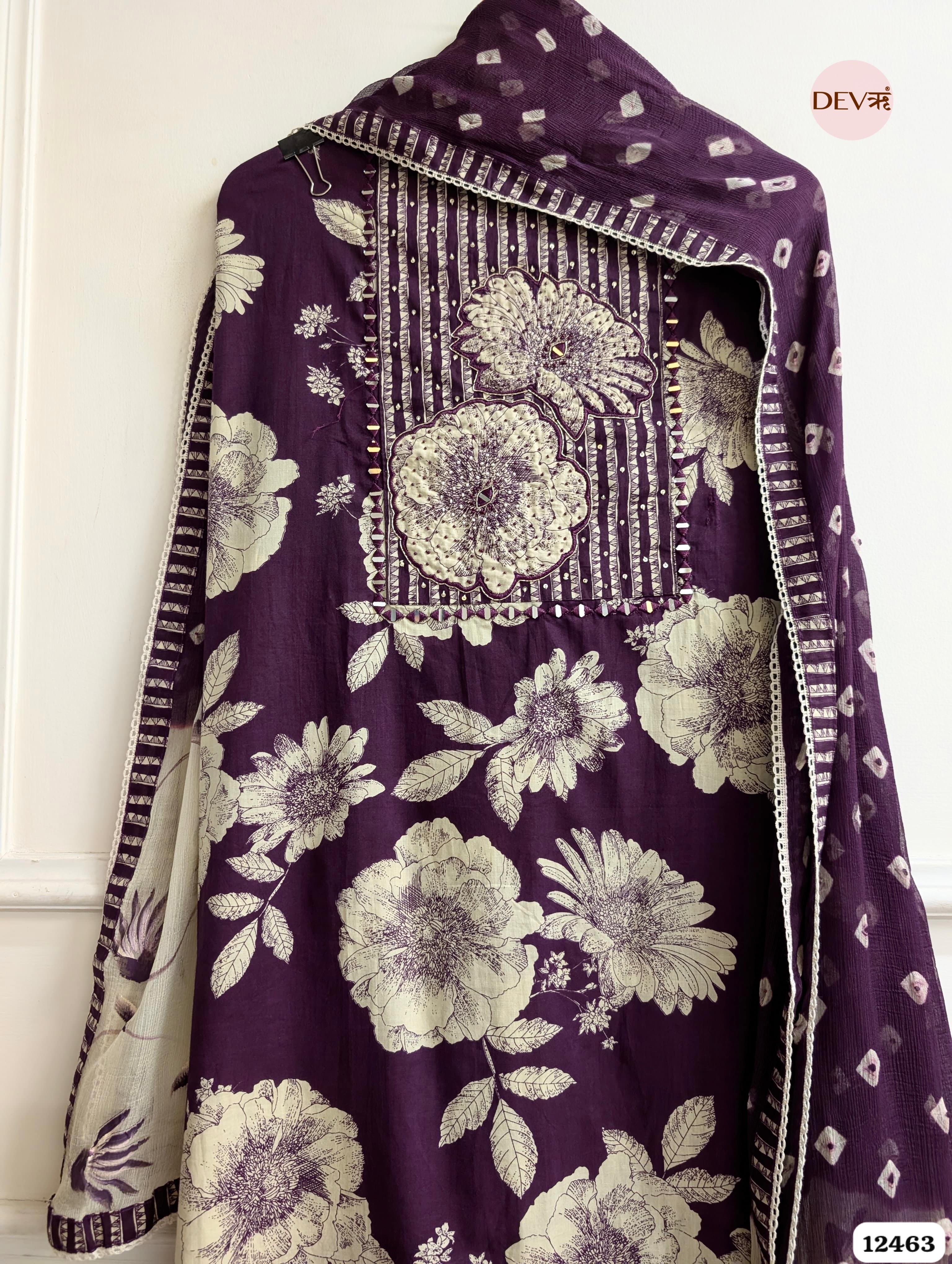 Plum Cotton Printed Unstitched 3-Piece Suit (Devri – D.No. 12463)