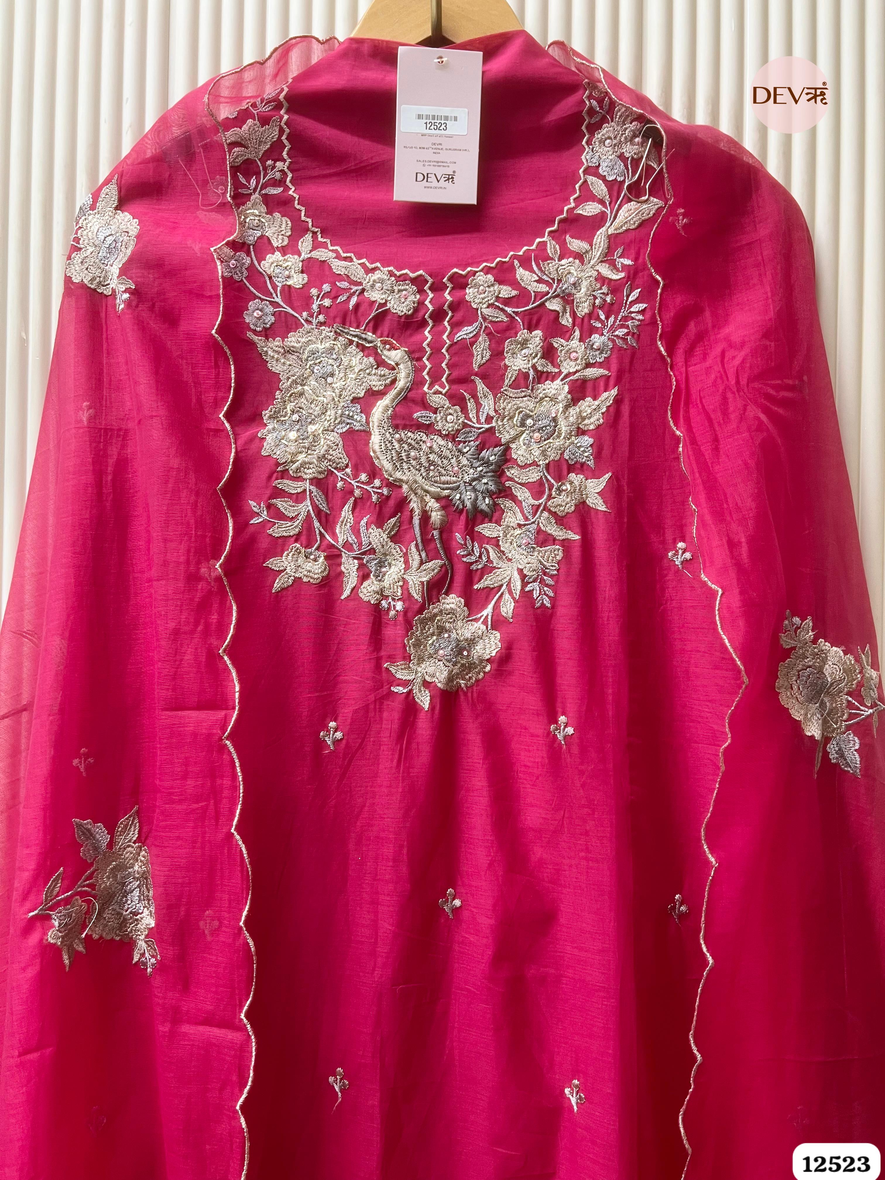 Deep Pink Pure Mul Chanderi Embroidered Unstitched 3-Piece Suit (Devri – D.No .12523)
