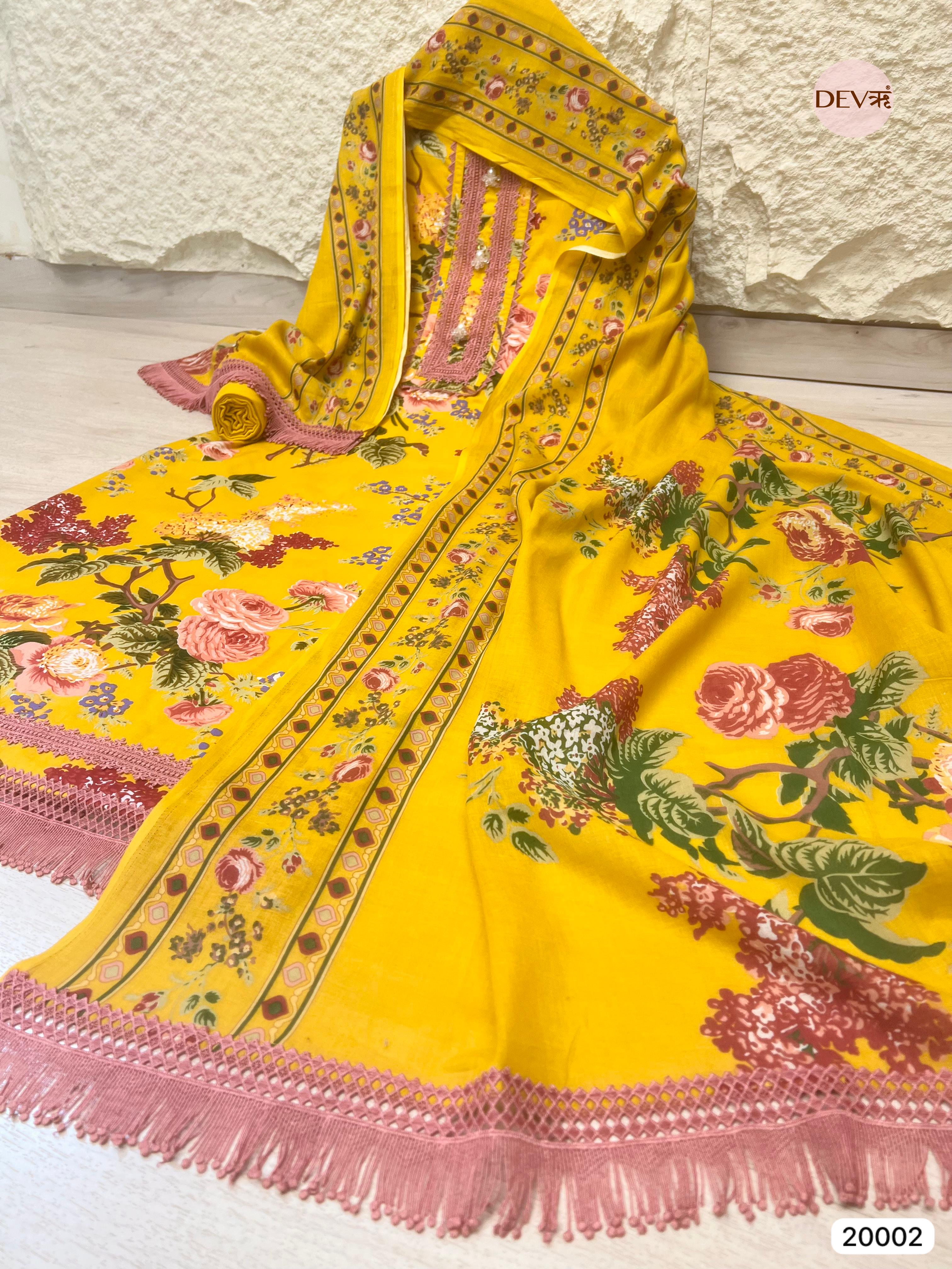 Yellow Pure Cotton Printed Unstitched 3-Piece Suit (Devri – D.No 20002)