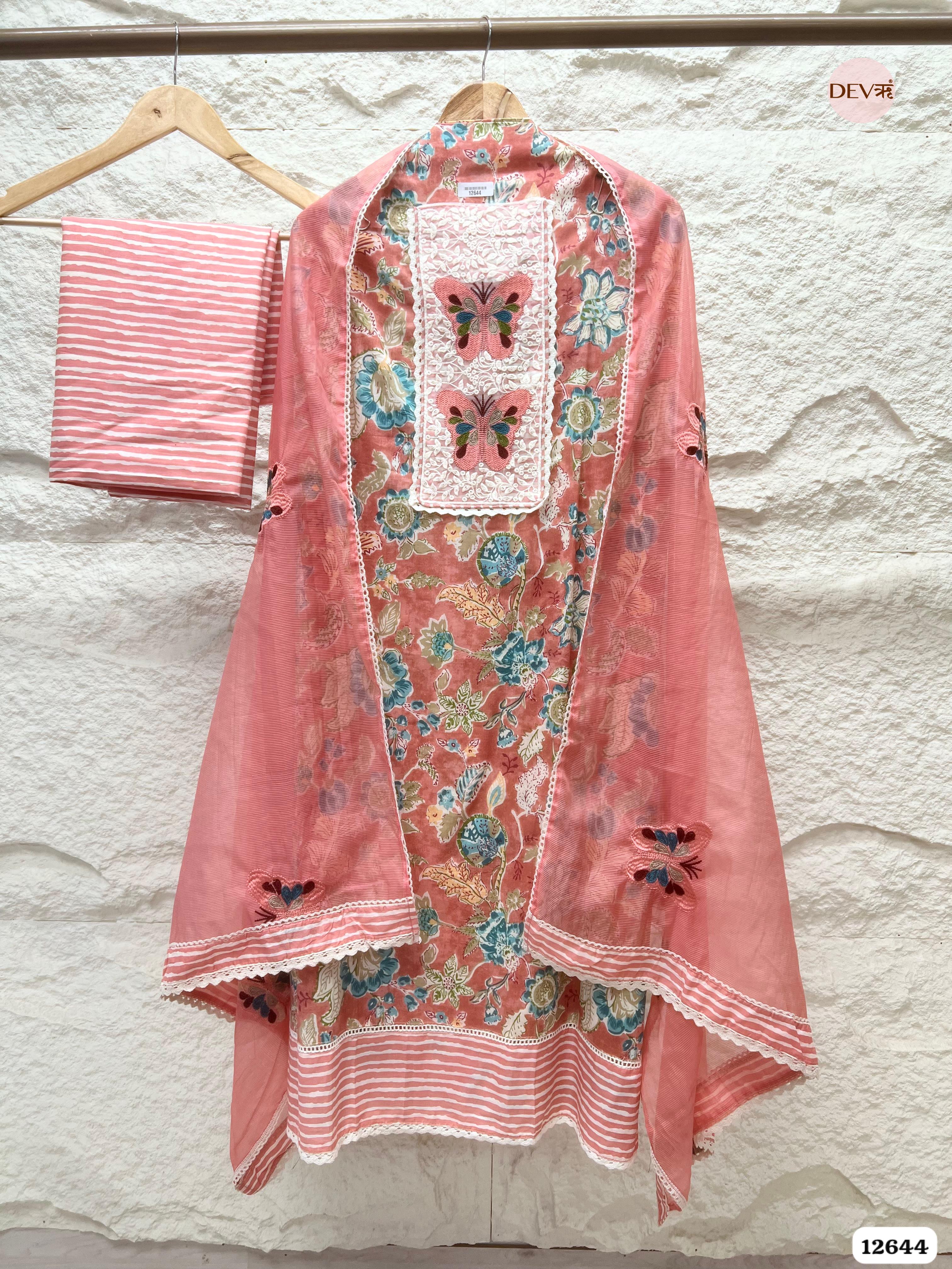Peach Cotton Floral Embroidered Unstitched 3-Piece Suit (Devri – D.No 12644)