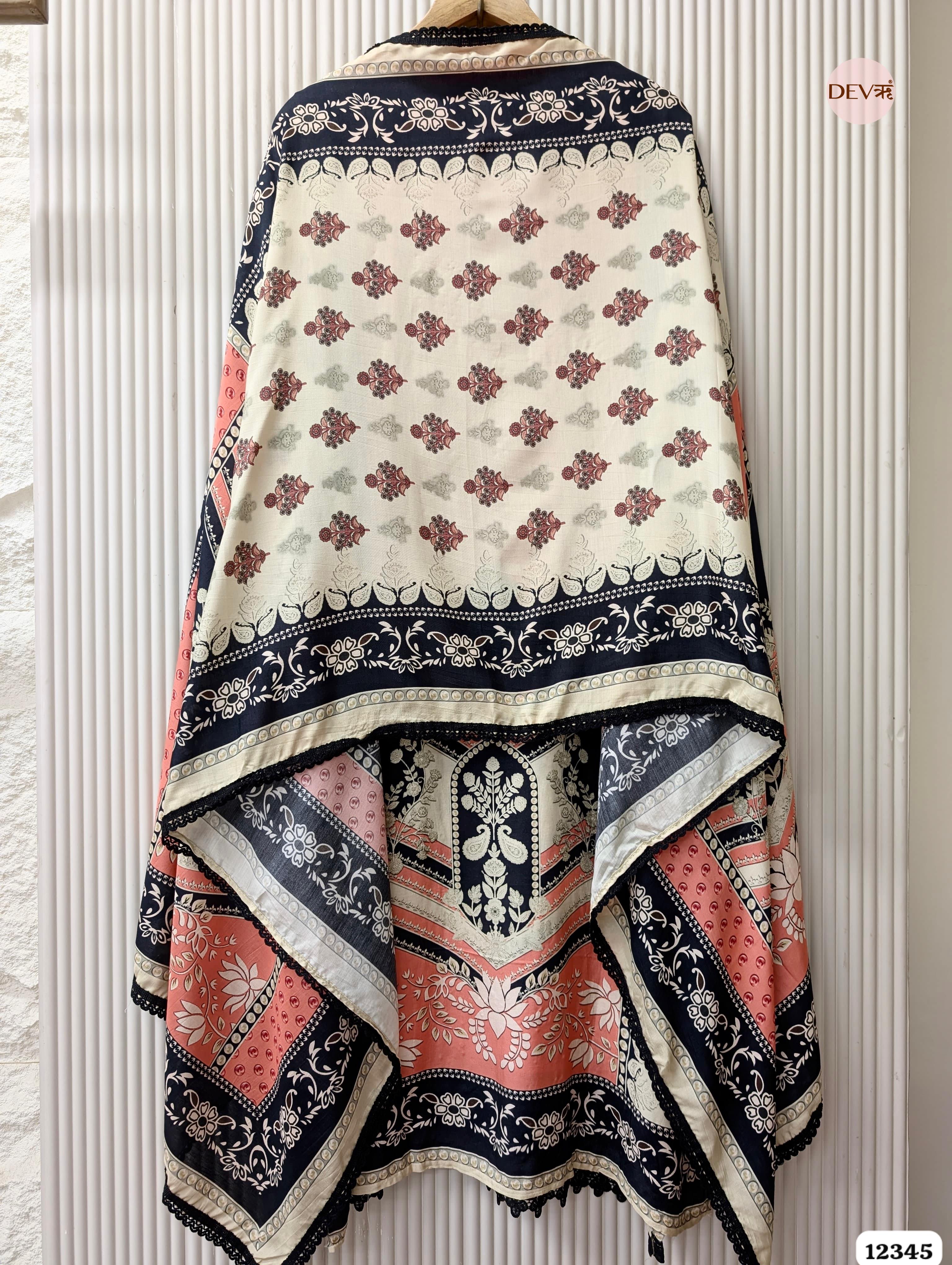 Coral & Black Muslin Printed Unstitched 3-Piece Suit (Devri – D.No. 12345)