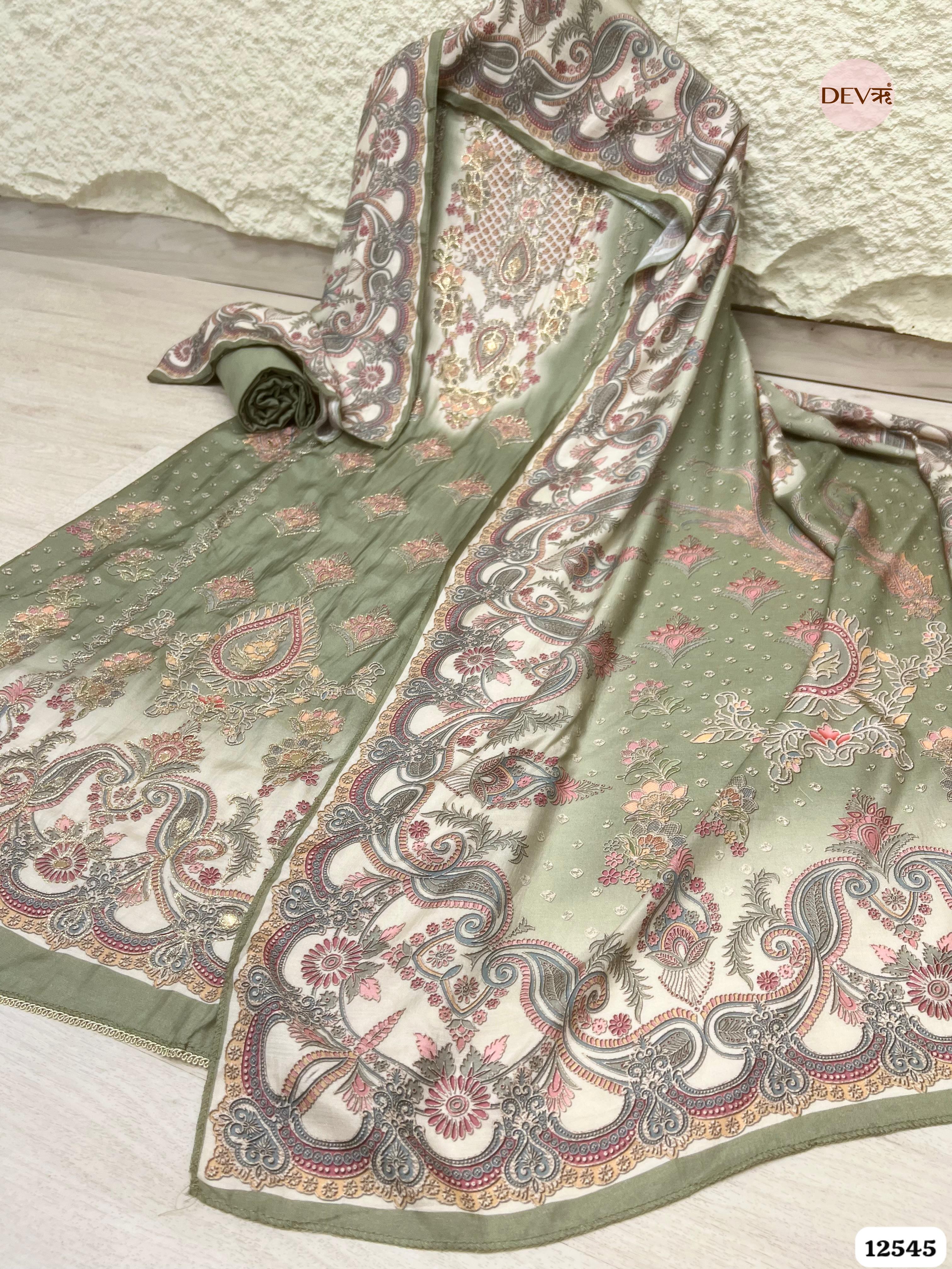 Olive Green Muslin Embroidered Unstitched 3-Piece Suit (Devri – D.No 12545)