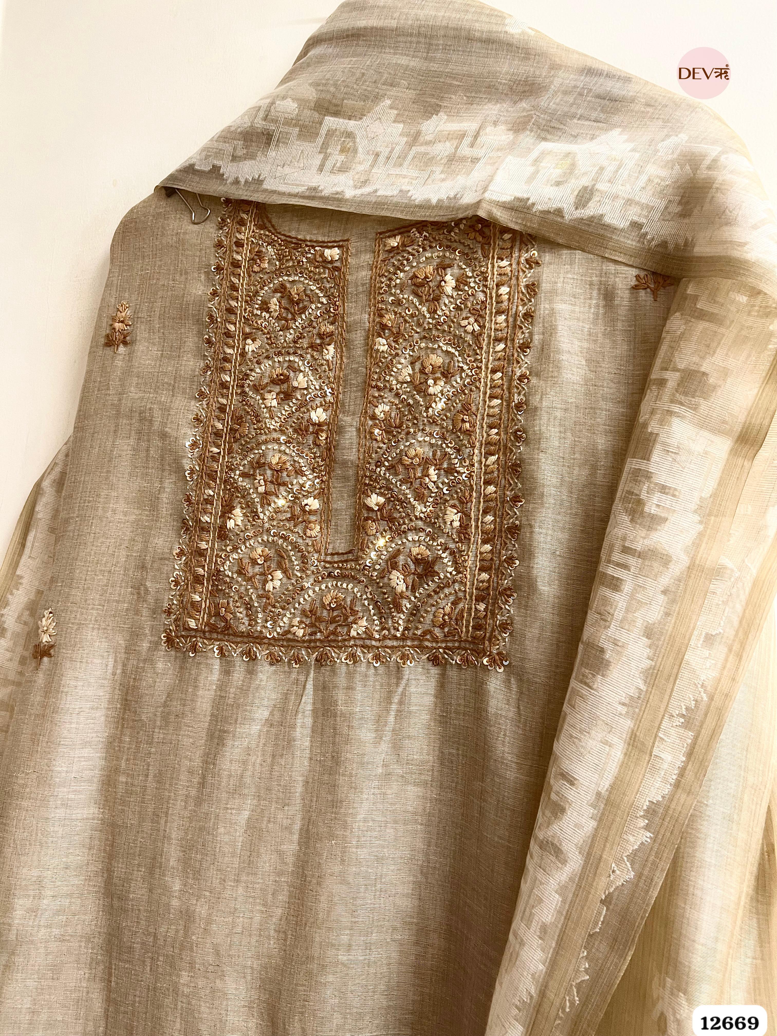 Beige Mul Chanderi Embroidered Unstitched 3-Piece Suit (Devri – D.No 12669)