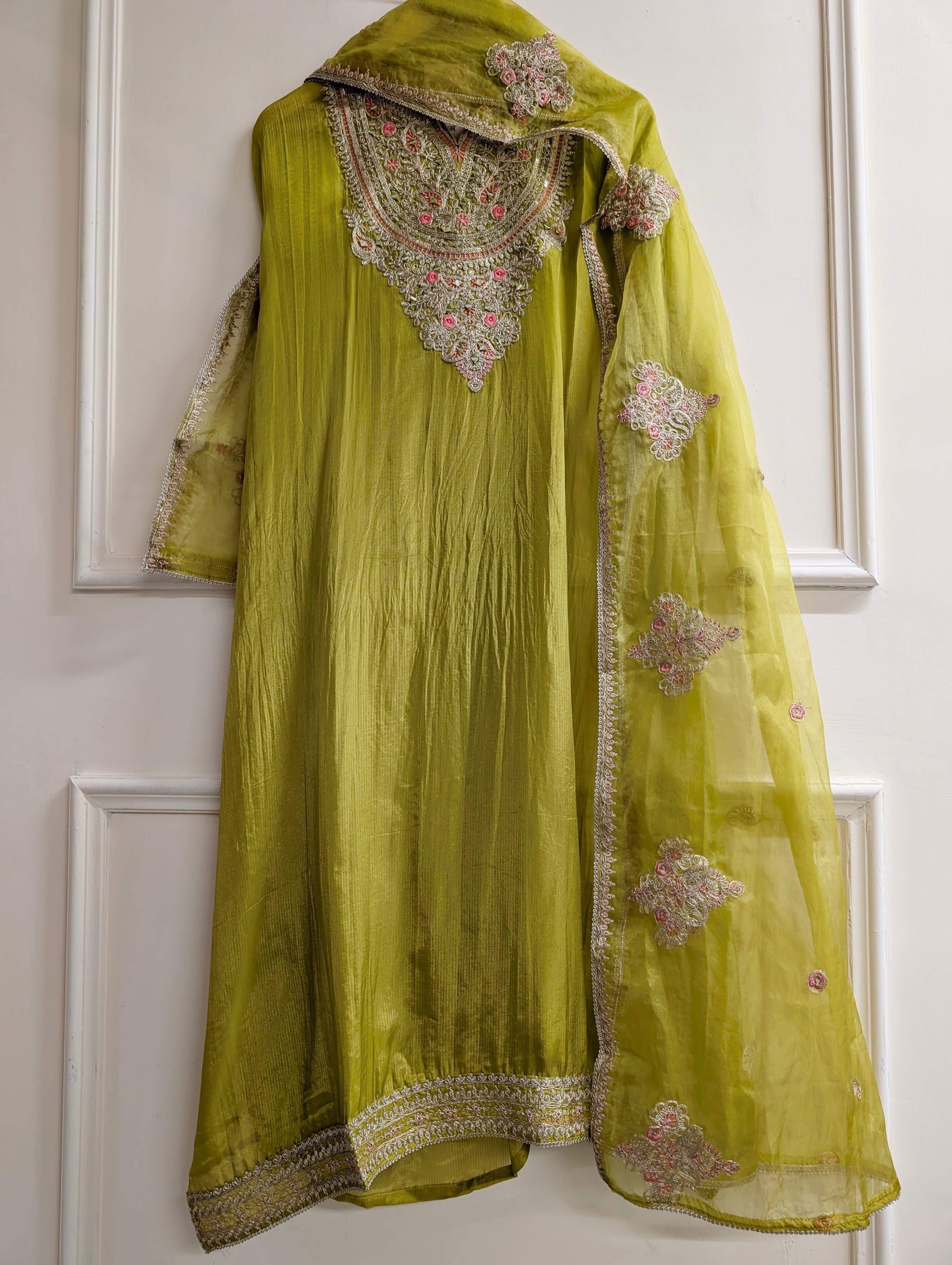 Olive Tissue Organza Silk Embroidered Unstitched 3-Piece Suit (Devri – D.No 13806)