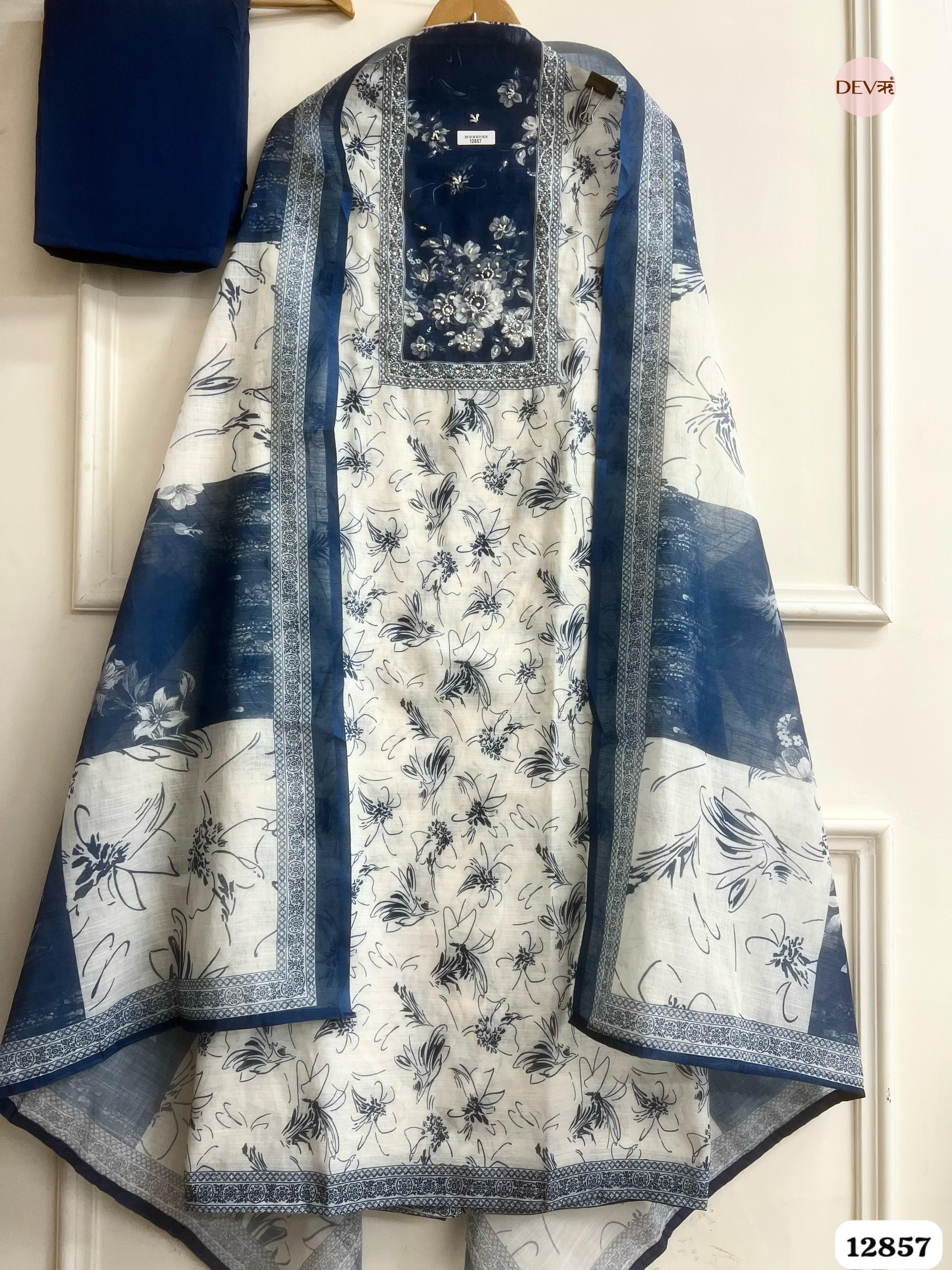 Navy Linen Cotton Printed Unstitched 3-Piece Suit (Devri – D.No 12857)