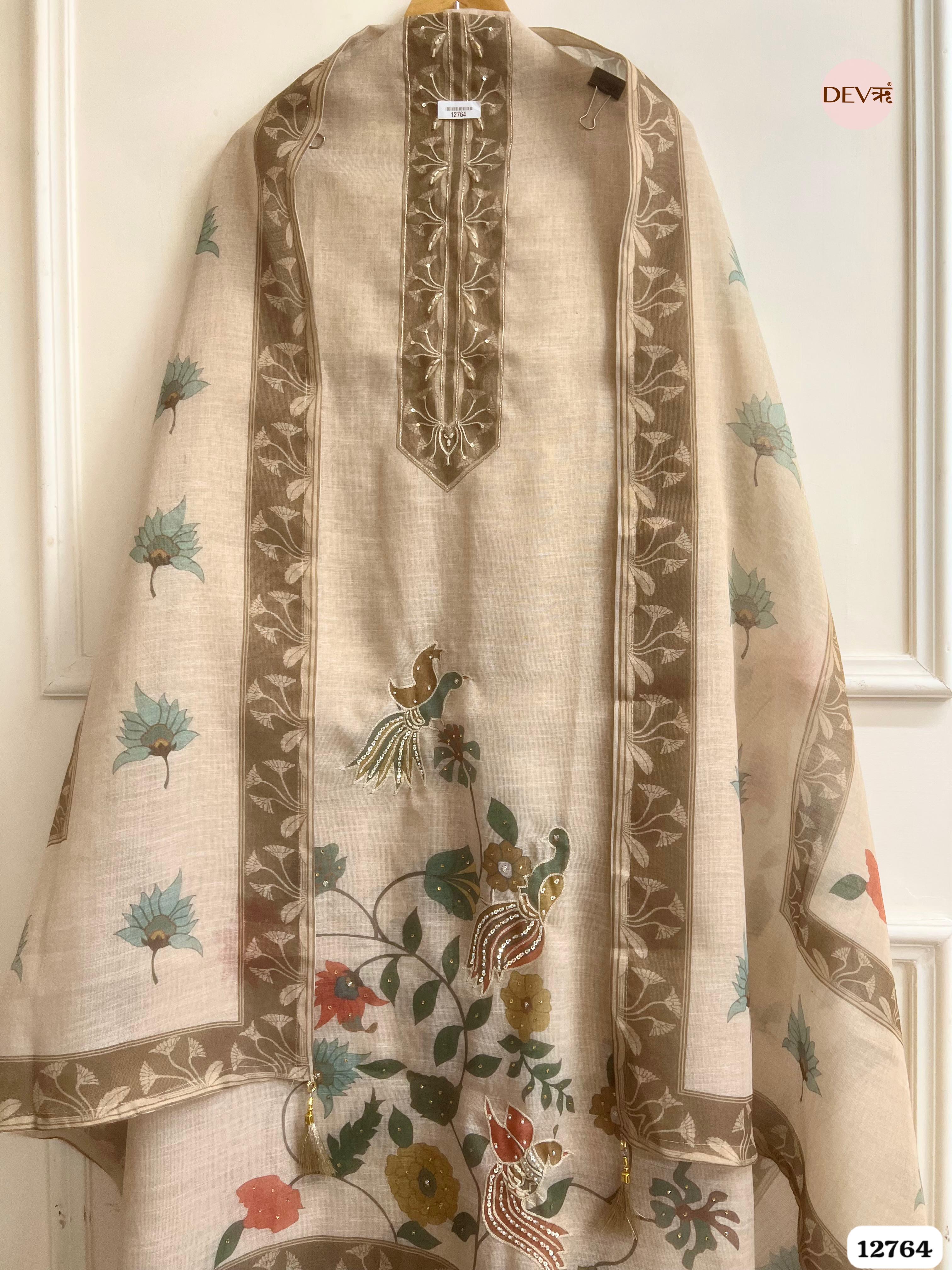 Beige Linen Cotton Embroidered Unstitched 3-Piece Suit (Devri – D.No 12764)