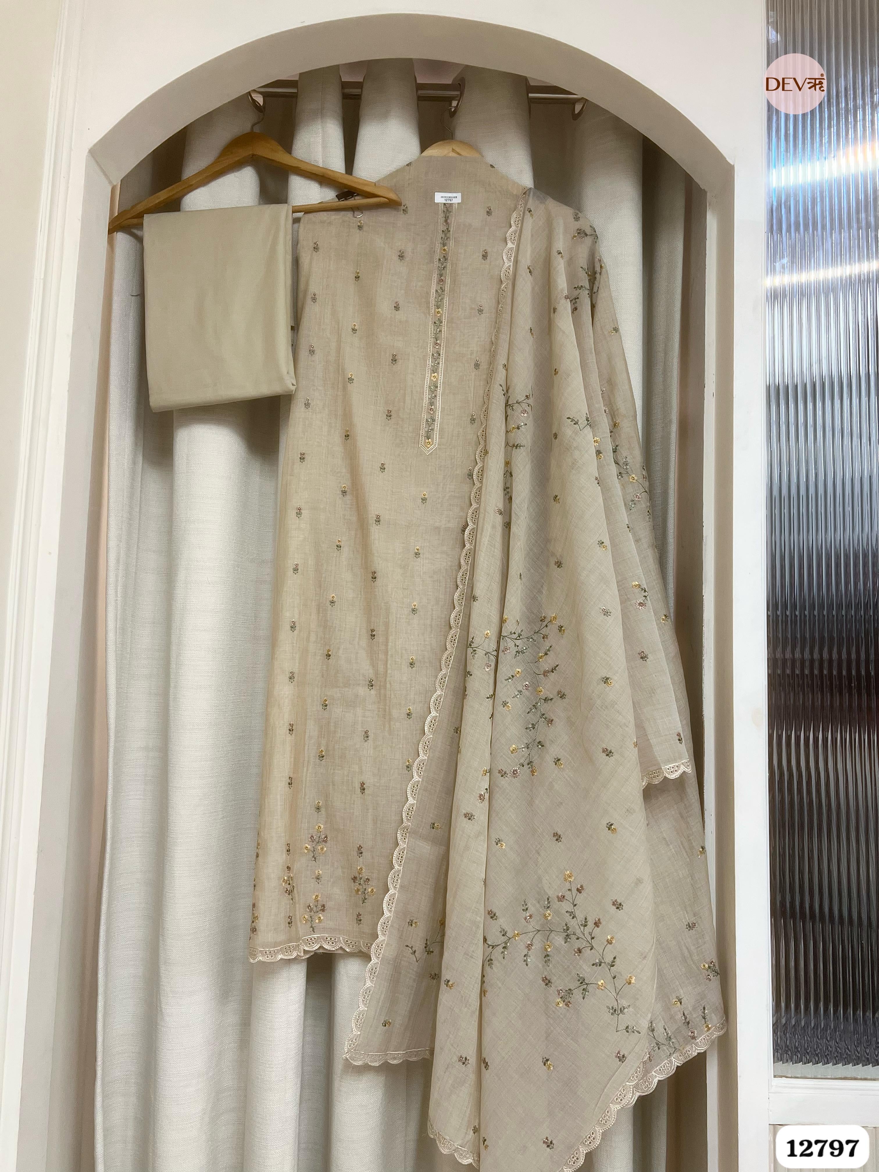 Beige Mul Chanderi Embroidered Unstitched 3-Piece Suit (Devri – D.No 12797)