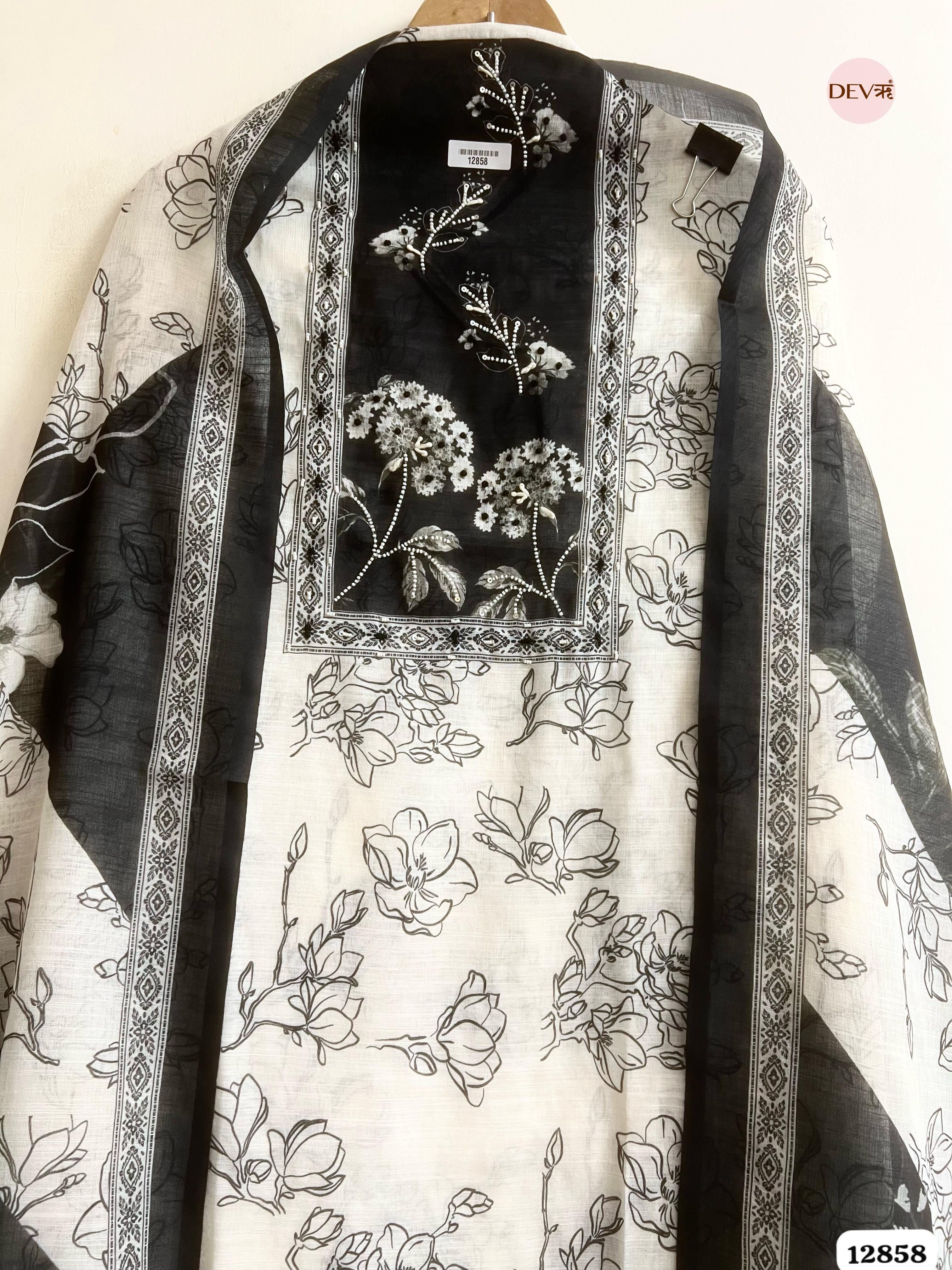 White Linen Cotton Printed Unstitched 3-Piece Suit (Devri – D.No 12858)