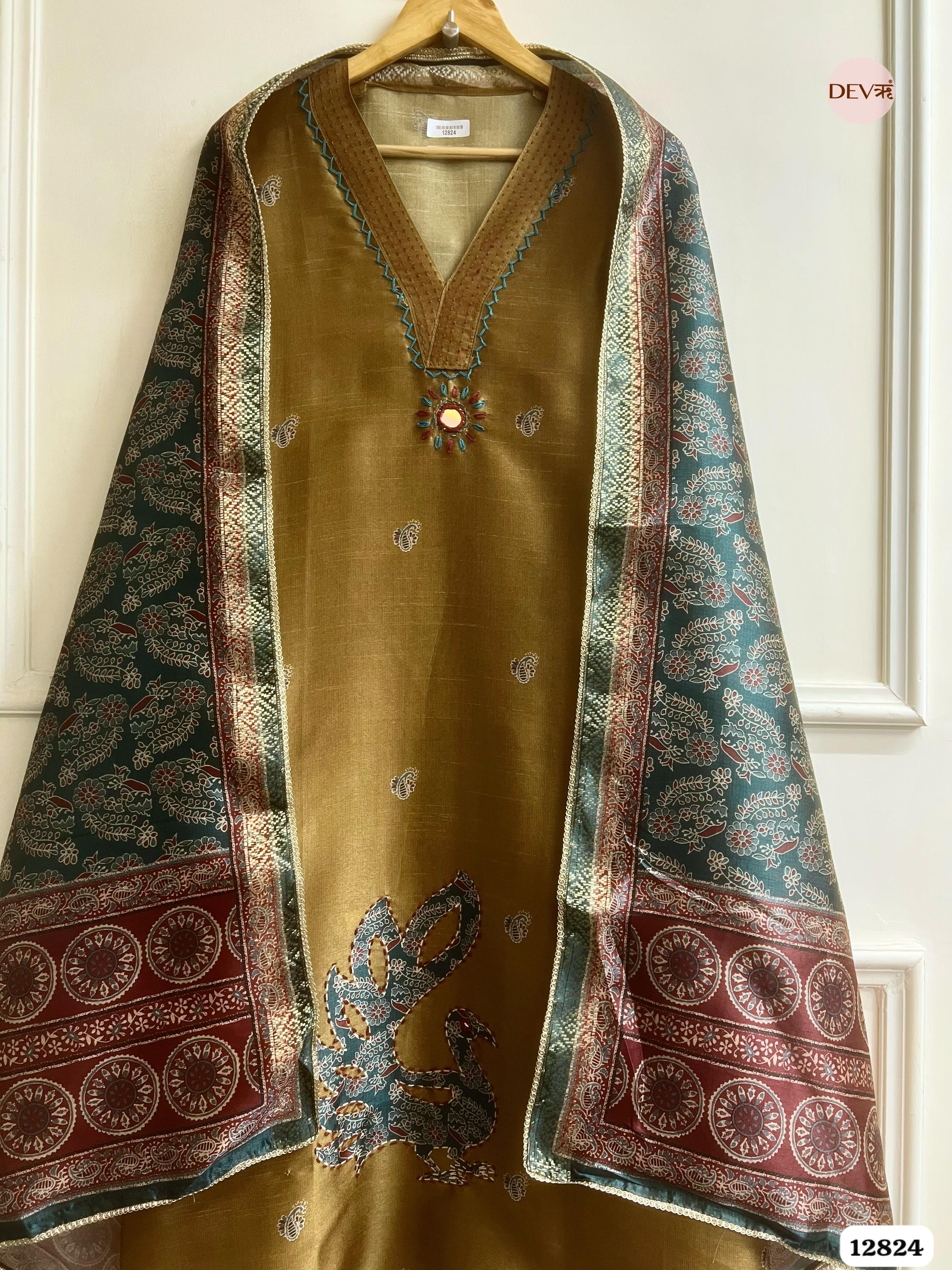 Olive Chanderi Silk Printed Unstitched 3-Piece Suit (Devri – D.No 12824)