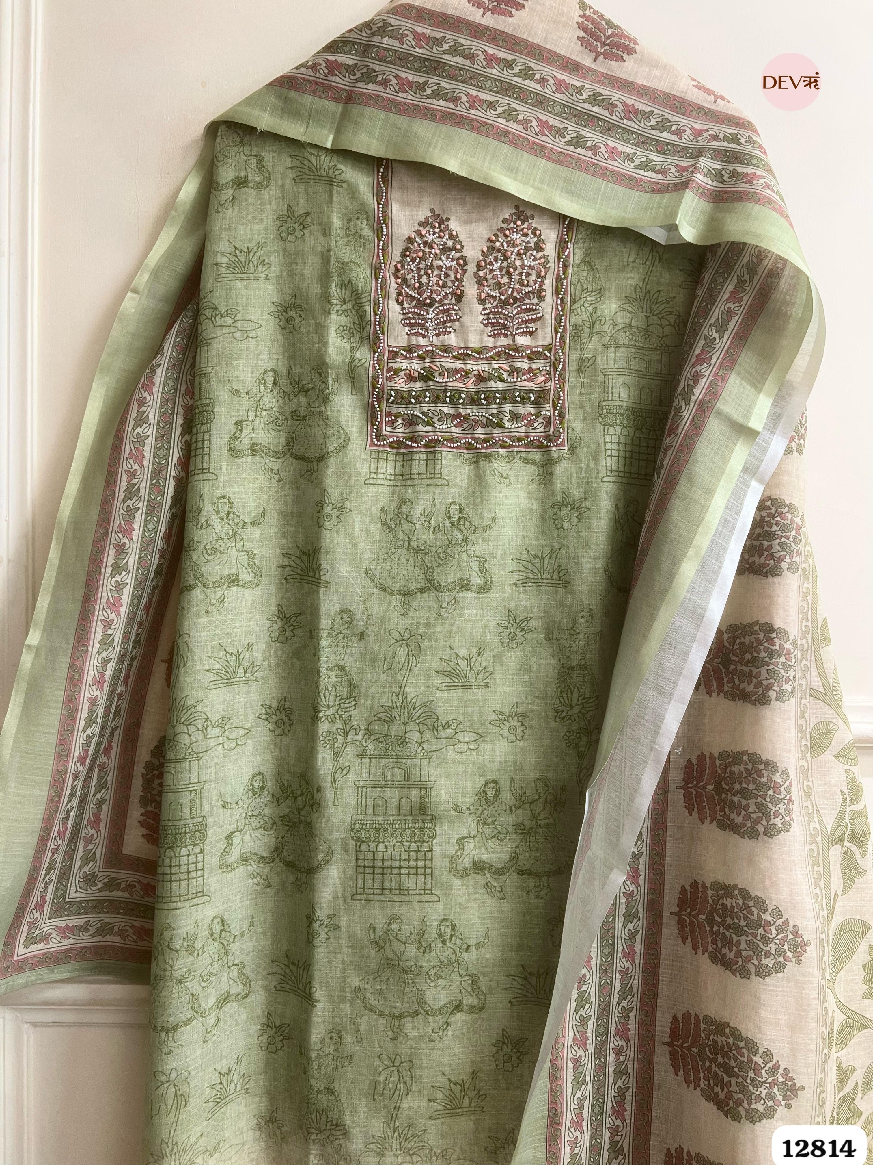 Sage Linen Cotton Printed Unstitched 3-Piece Suit (Devri – D.No 12814)