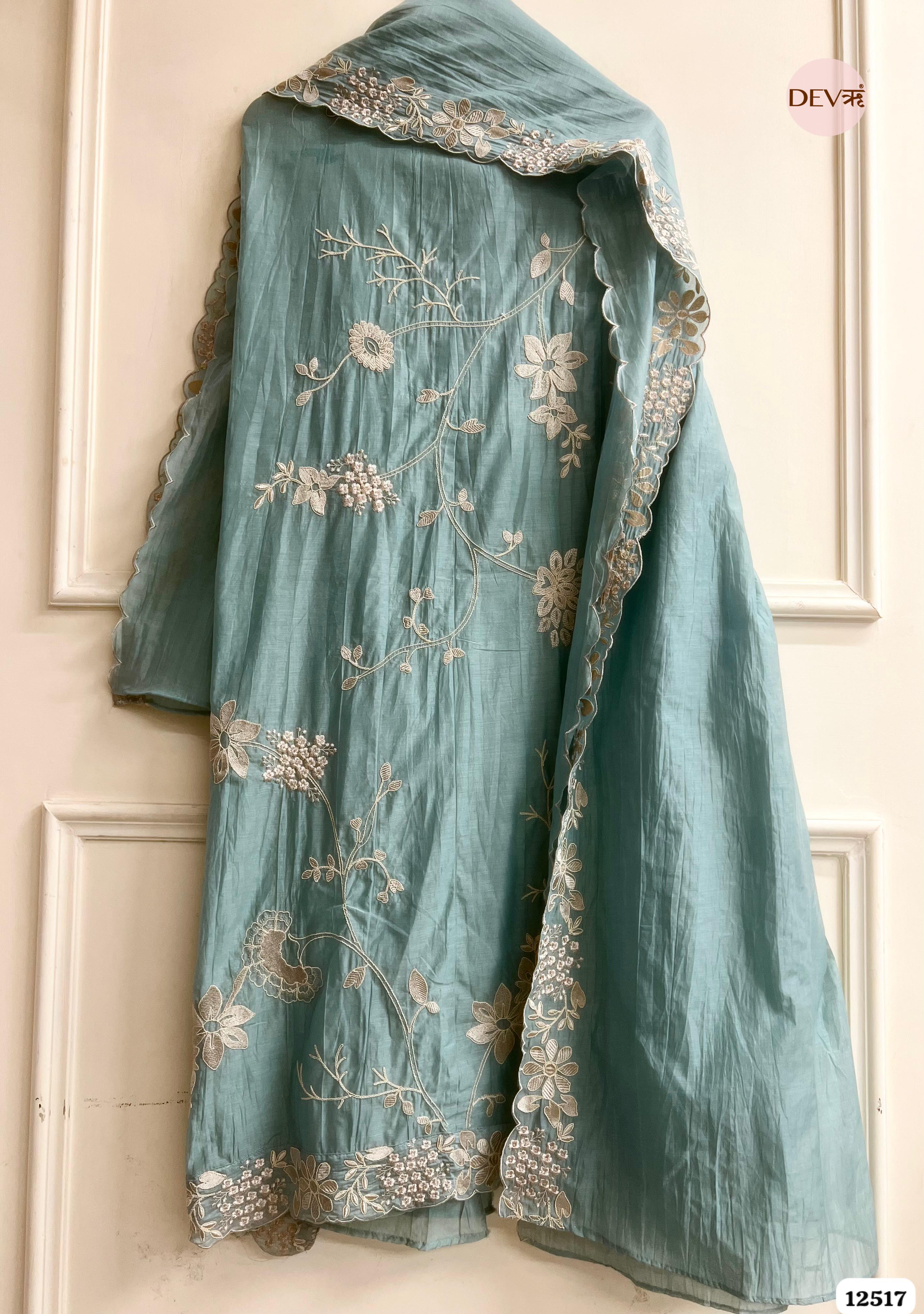 teal Mul Cotton Embroidered Unstitched 3-Piece Suit (Devri – D.No 12517)