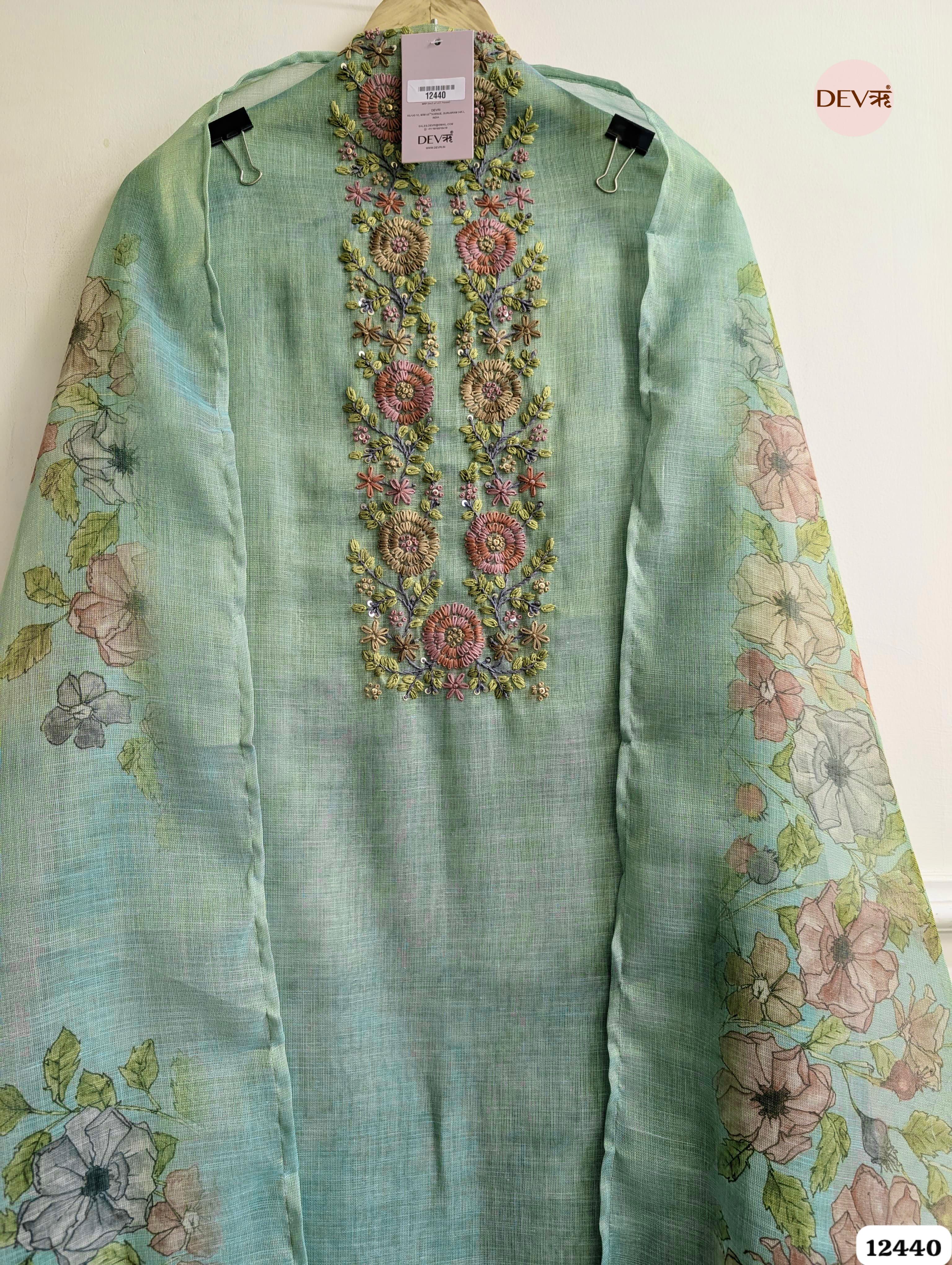 Mint Green Linen Printed Unstitched 3-Piece Suit (Devri – D.No. 12440)