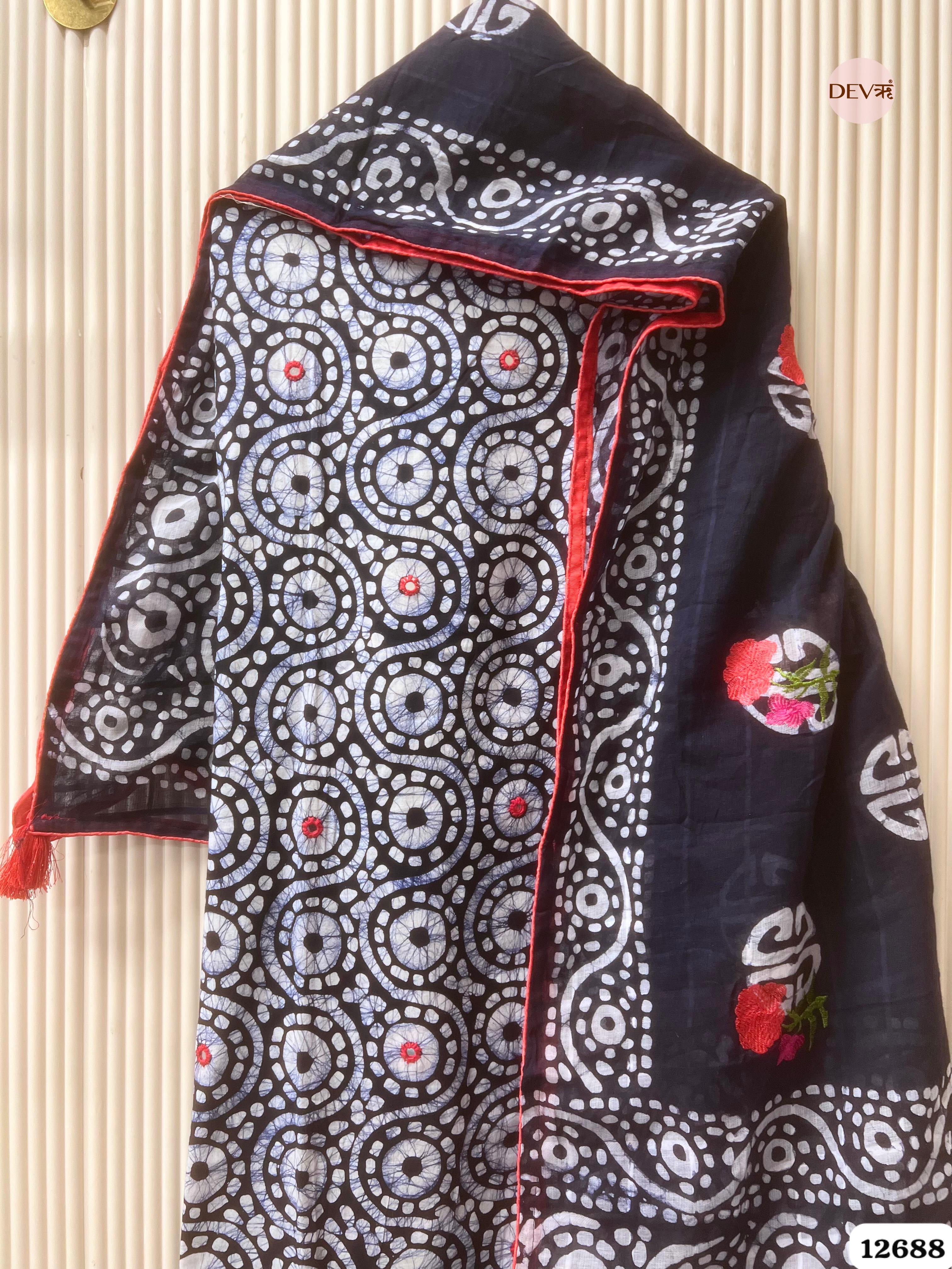 Navy Blue Cotton Batik Printed Unstitched 3-Piece Suit (Devri – D.No 12688)
