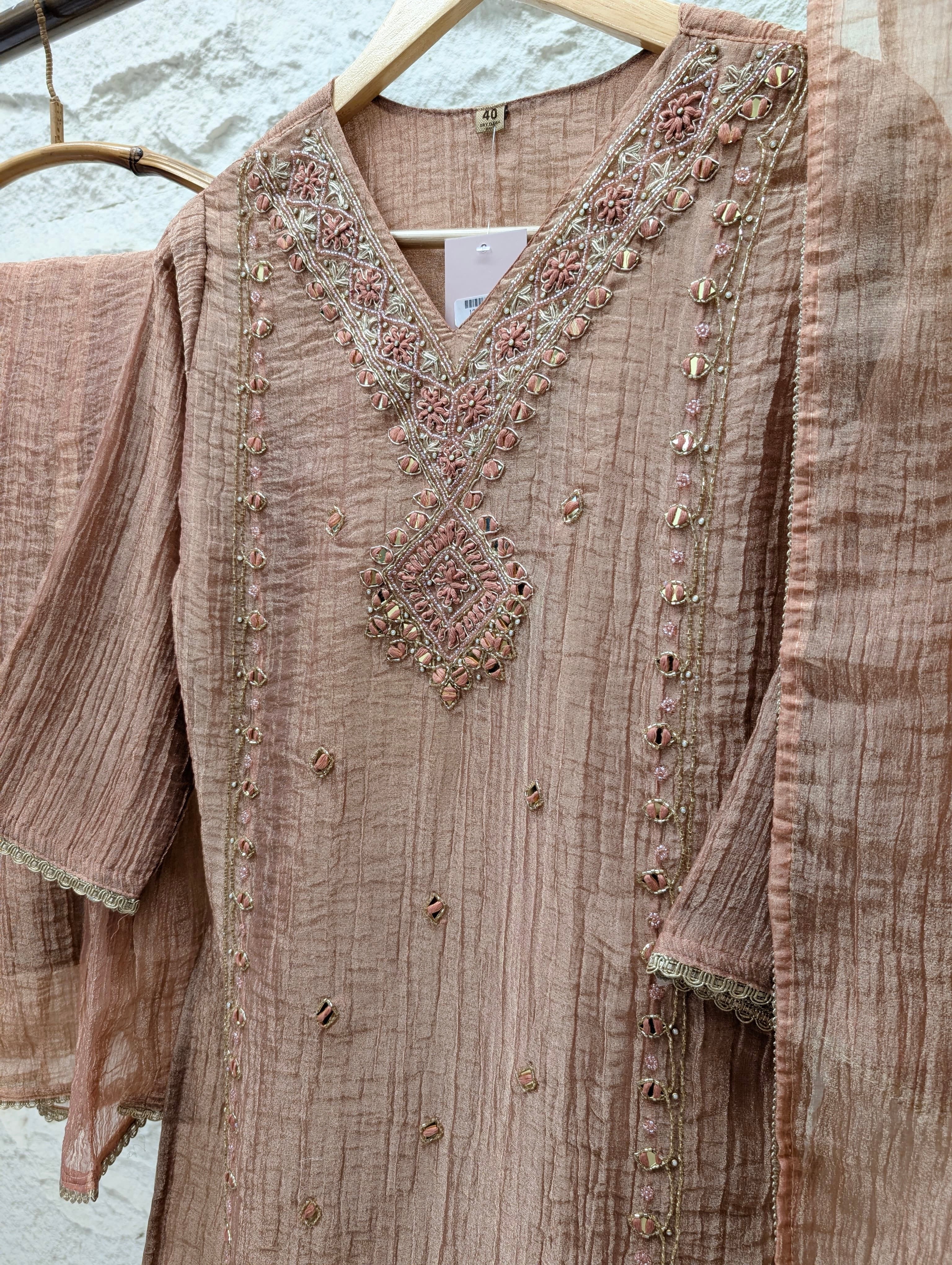 Gulnaar Tissue silk Embroidered Blush Pink 3-Piece Set (Devri – D.No 13715)