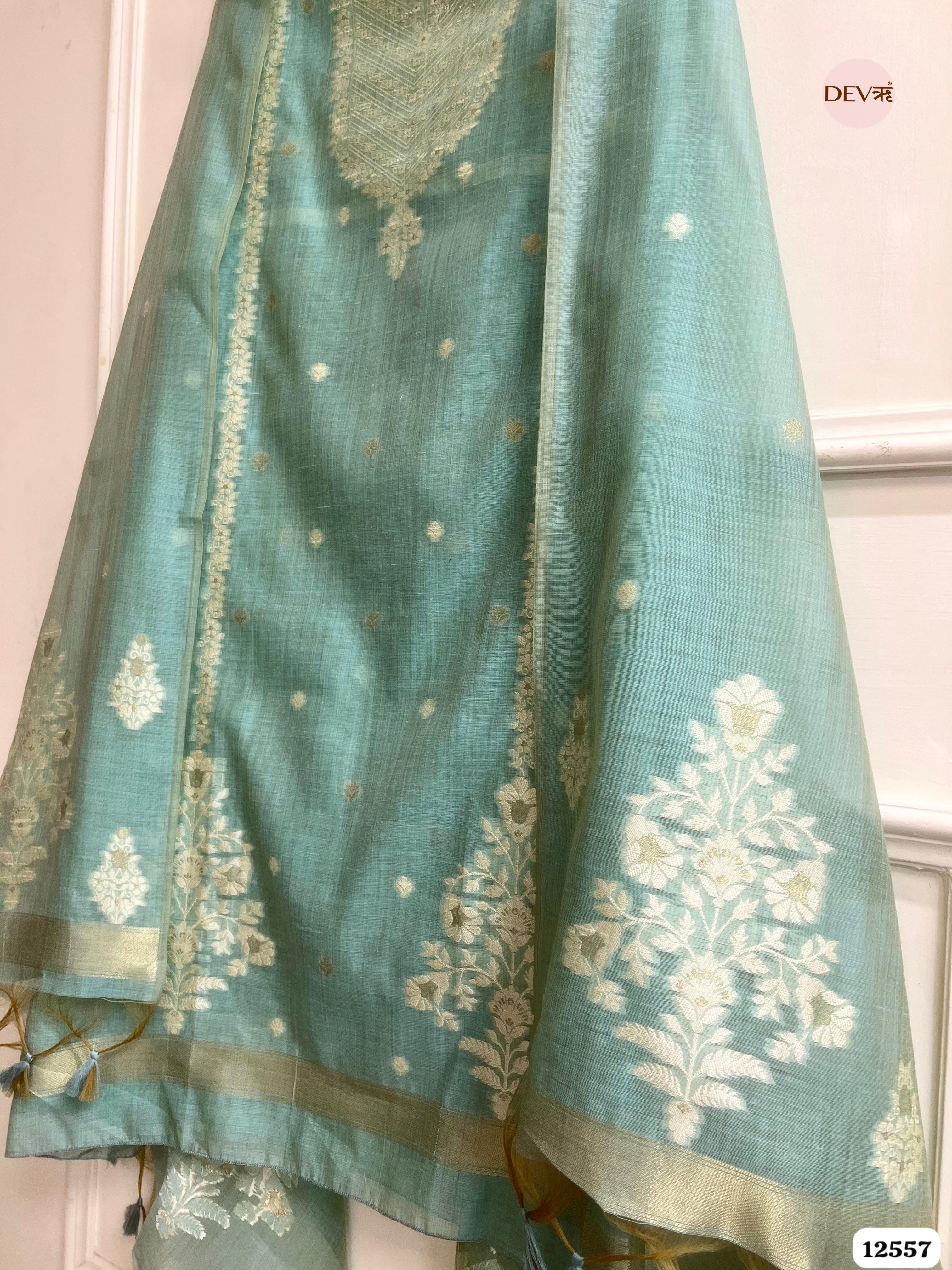 Sea Green Jamdani Embroidered Unstitched 3-Piece Suit (Devri – D.No 12557)